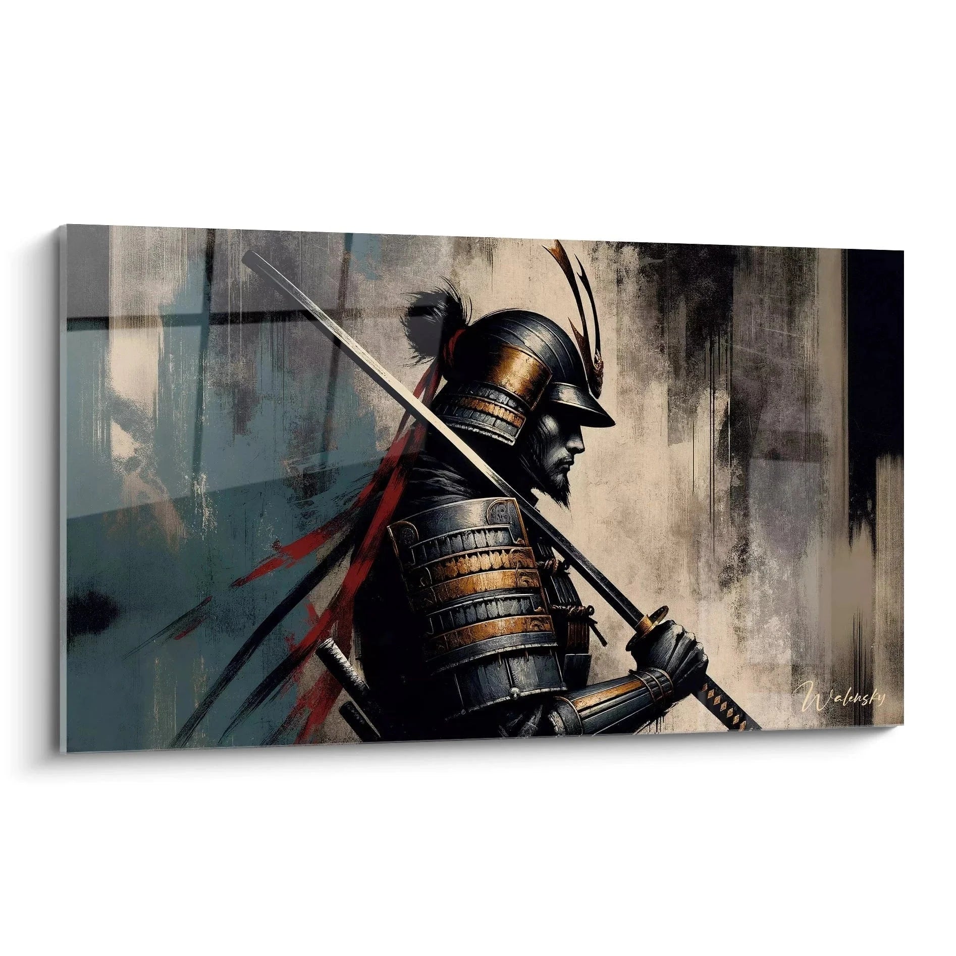 Wandbild Samurai Krieger mit traditioneller Rüstung und Katana Schwert in erdigen Farbtönen