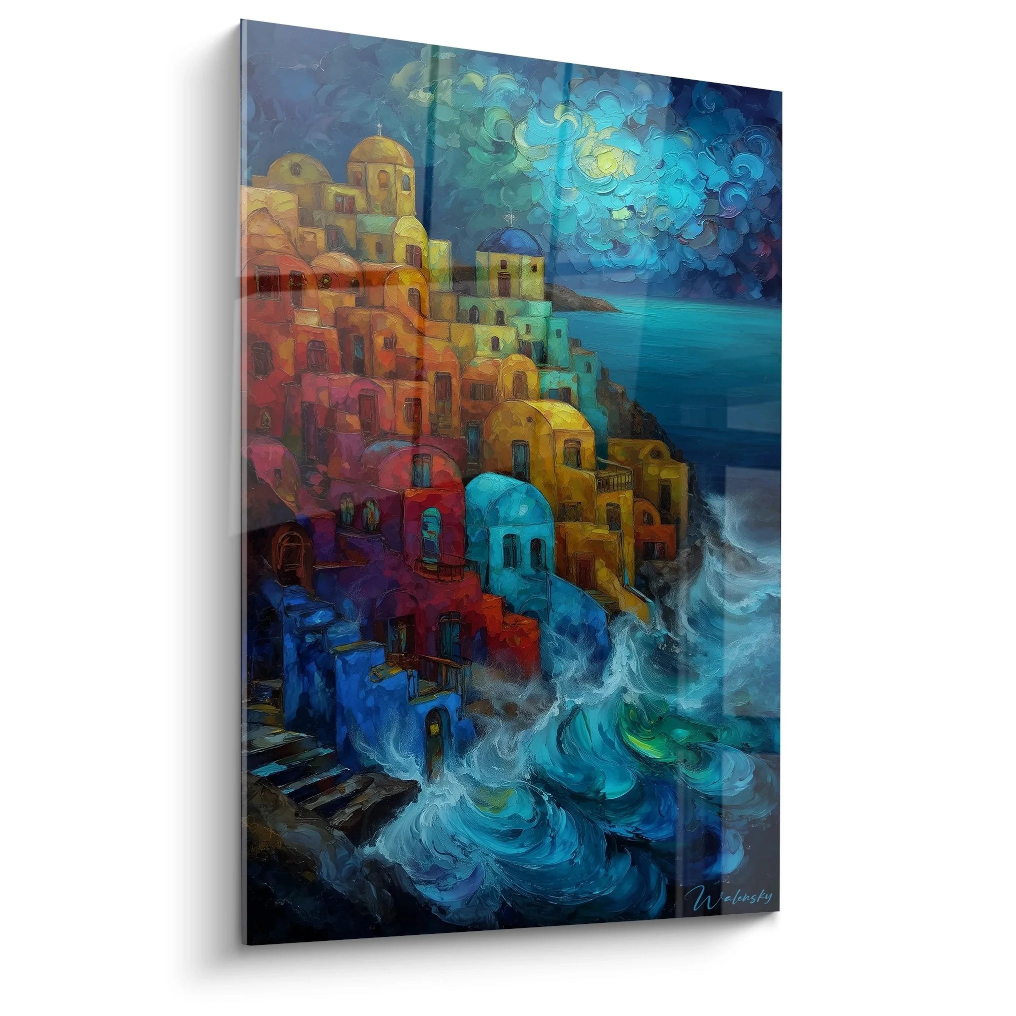 Wandbild Santorini mit bunten Klippen-Häusern und stürmischem Meer im expressionistischen Stil