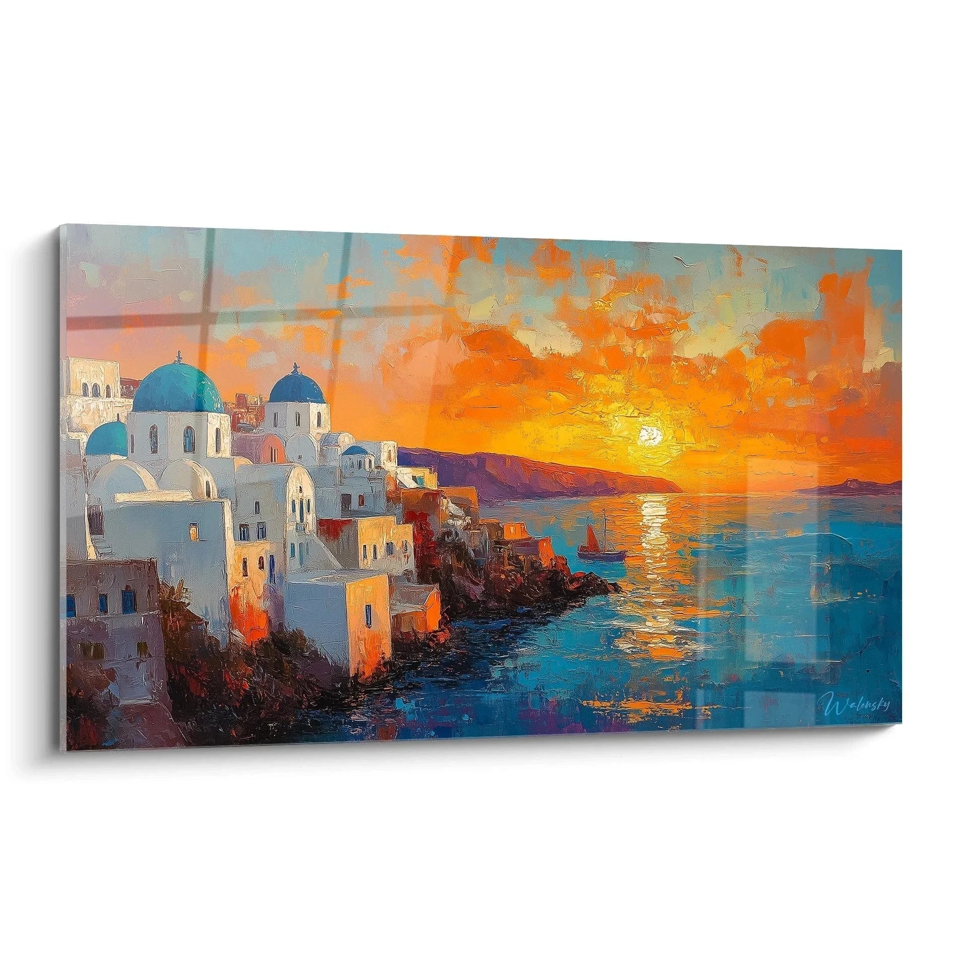 Wandbild Santorini Sonnenuntergang mit griechischen weißen Häusern und blauen Kuppeln über der Ägäis