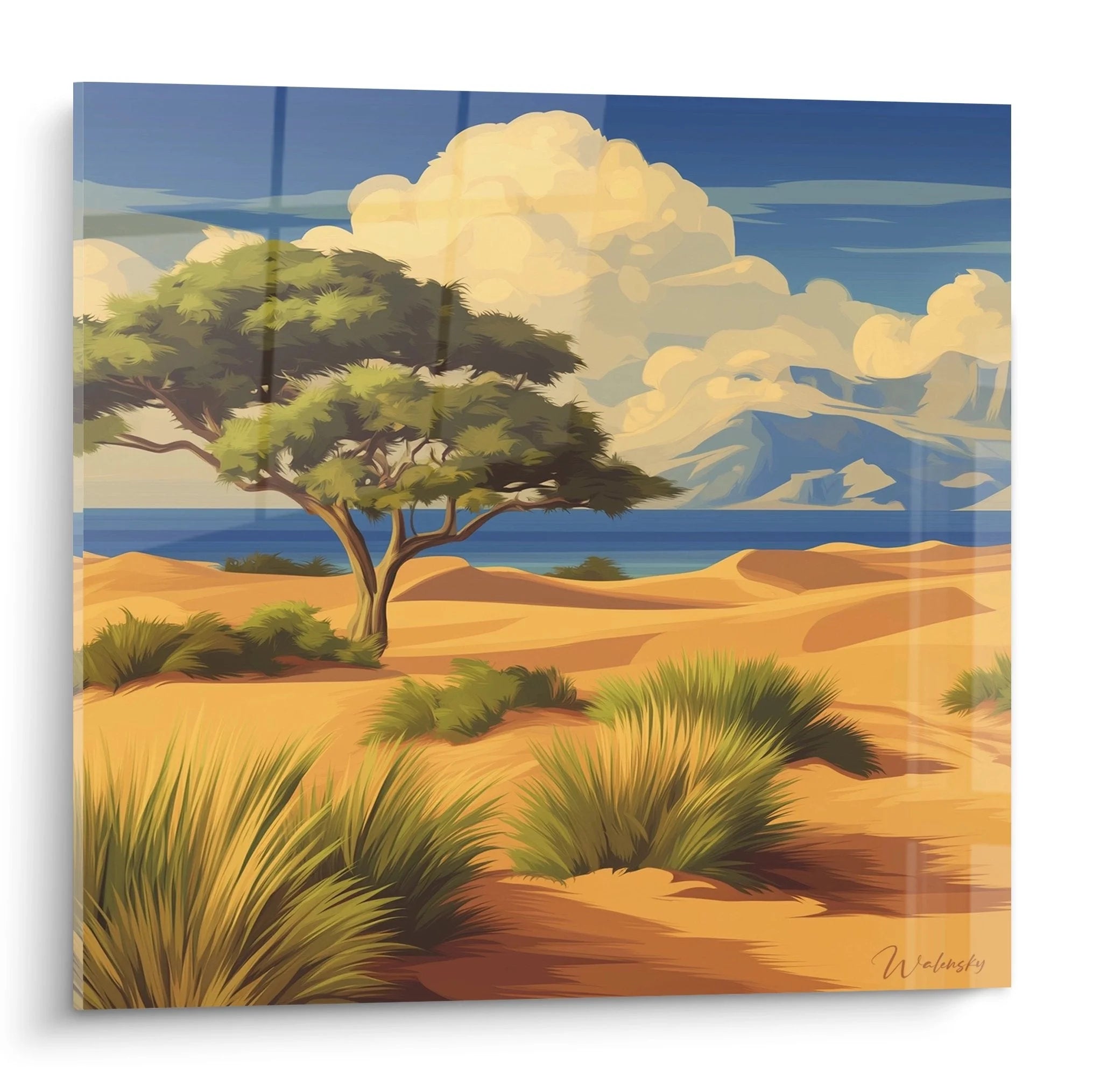 Wandbild Savanne mit Baobab-Baum in goldener Wüstenlandschaft, warme Erdtöne, Edition Wüste