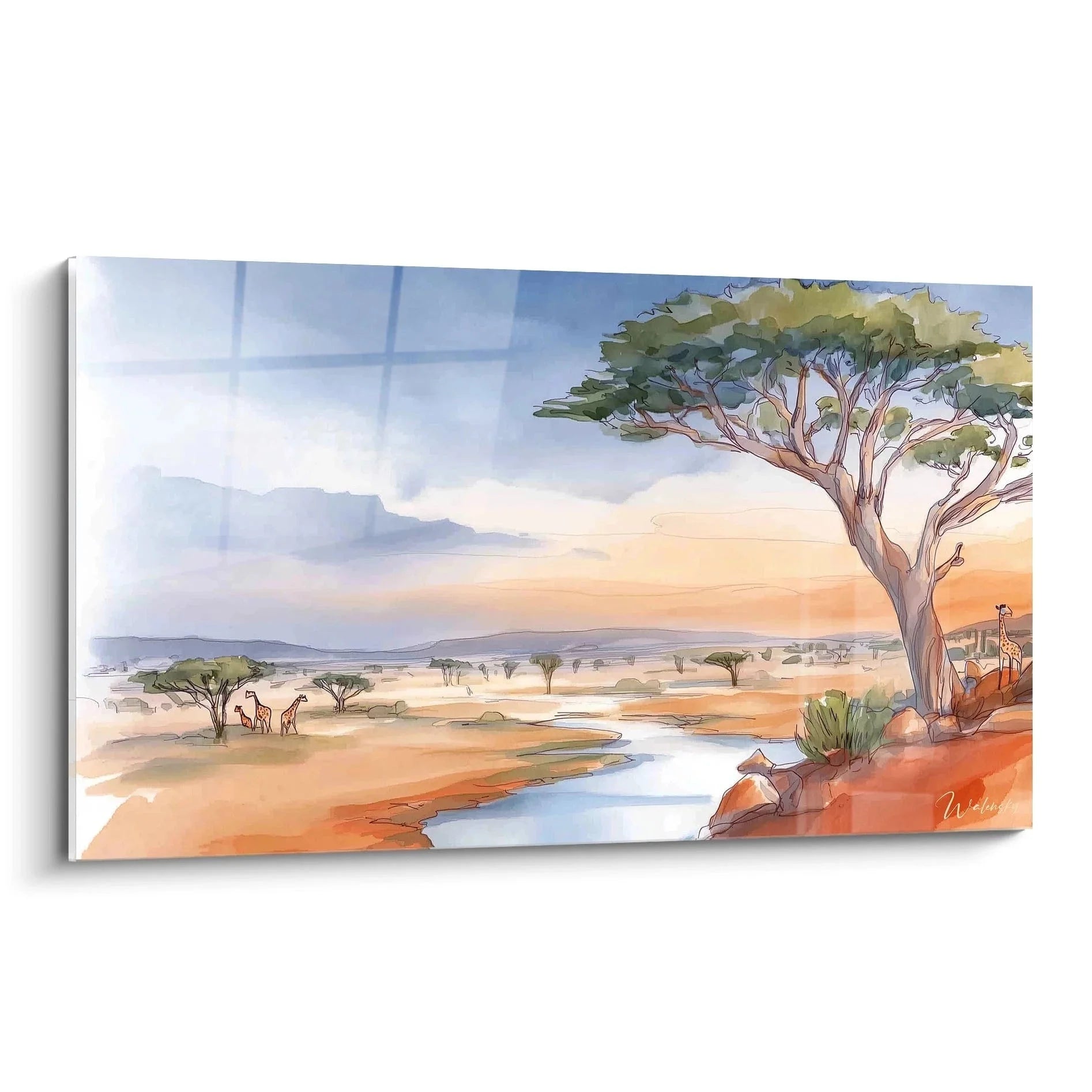Wandbild Savanne mit Giraffen und Akazienbaum - Afrikanische Landschaft in warmen Farbtönen zum Sonnenuntergang