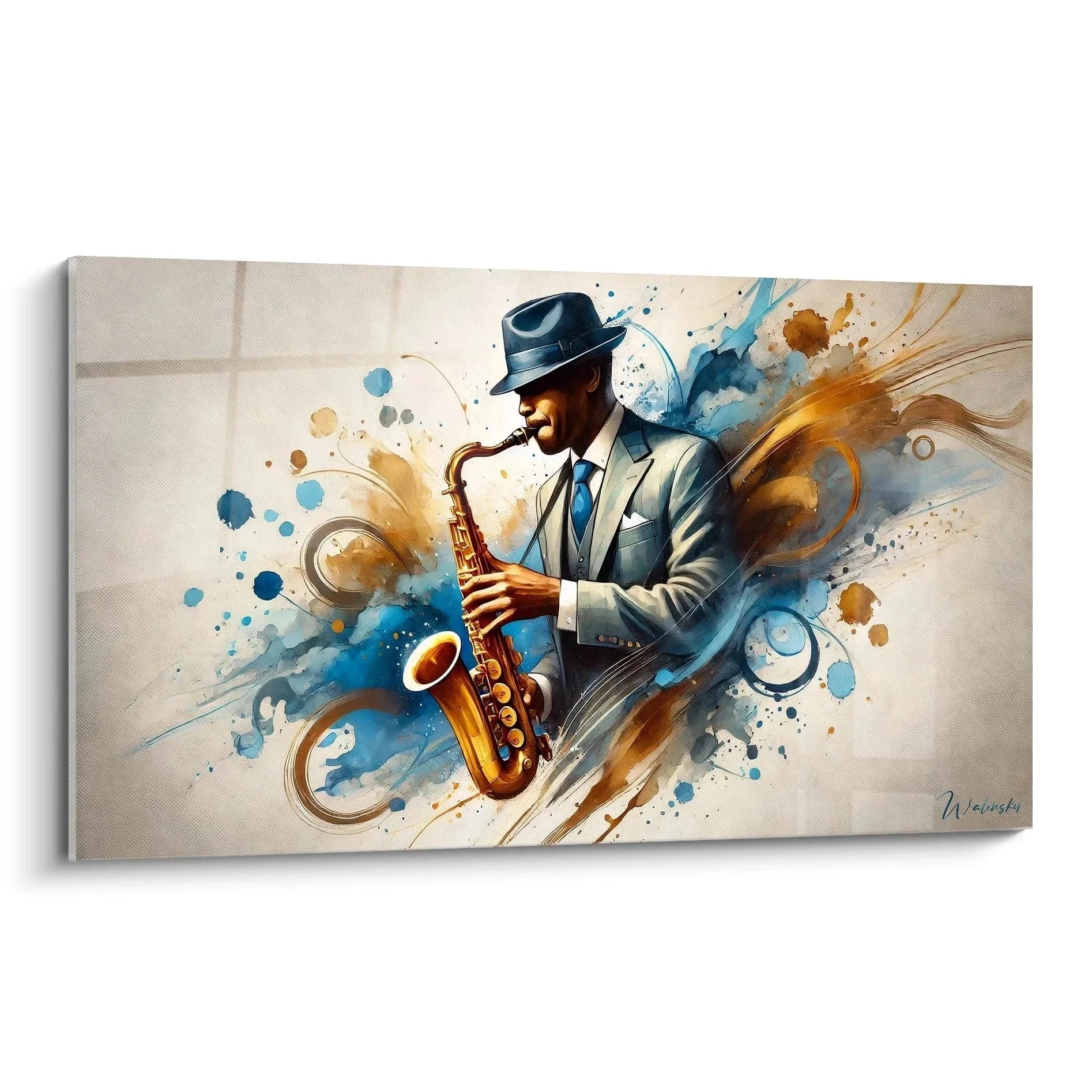 Wandbild Saxophon Spieler Jazz abstrakte Musik Kunst mit goldenen und blauen Farbtönen