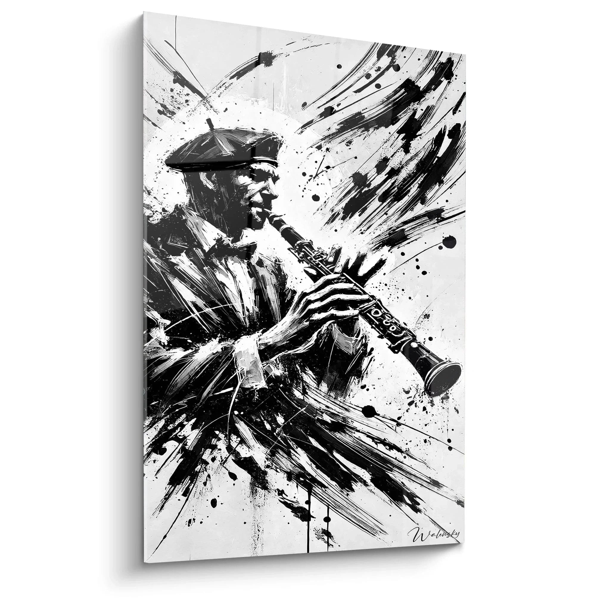 Wandbild Saxophonist Jazz abstrakt schwarz weiß mit dynamischen Pinselstrichen - Edition Musik