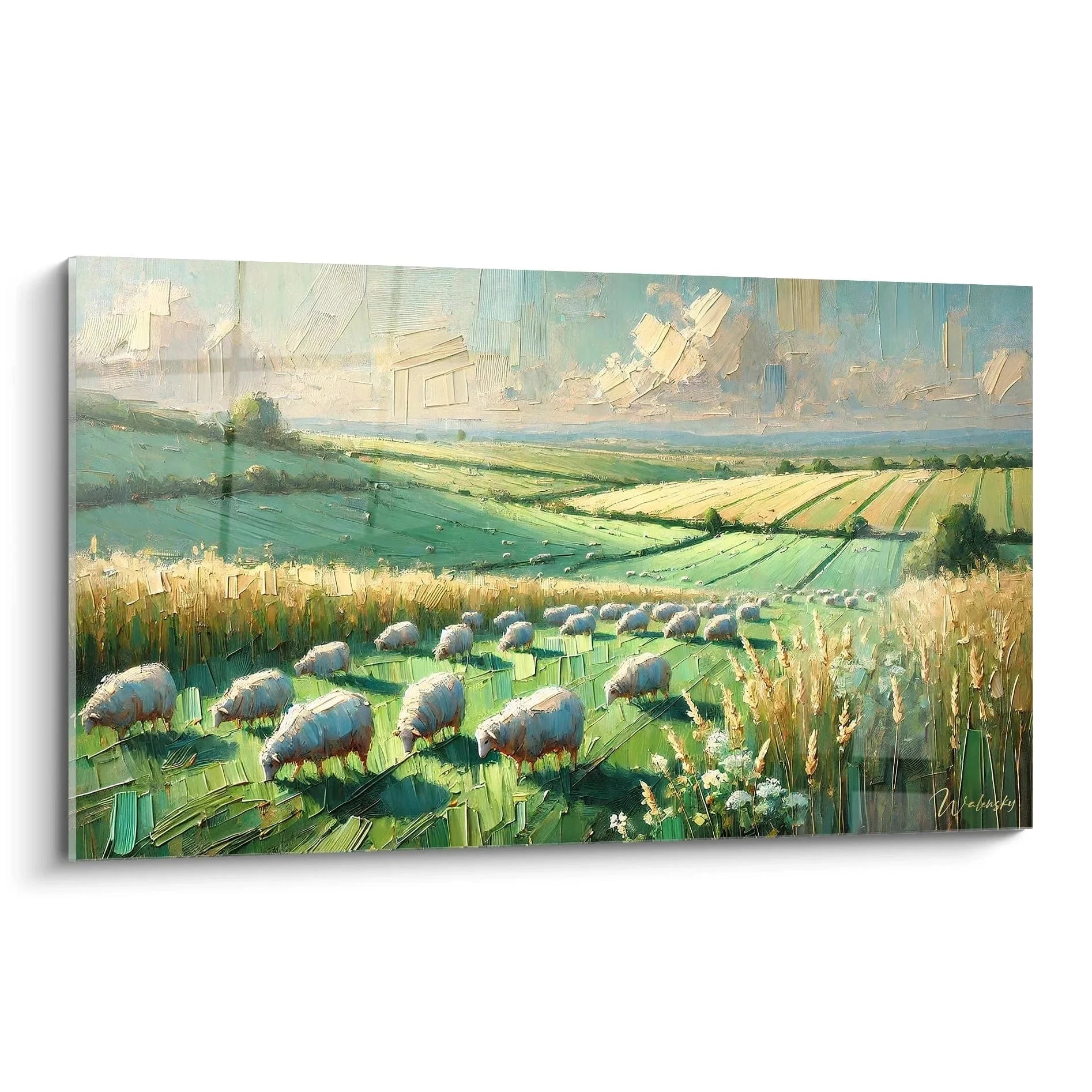 Wandbild Schafherde auf grüner Weide mit Landschaft und Wolkenhimmel im pastoralen Stil