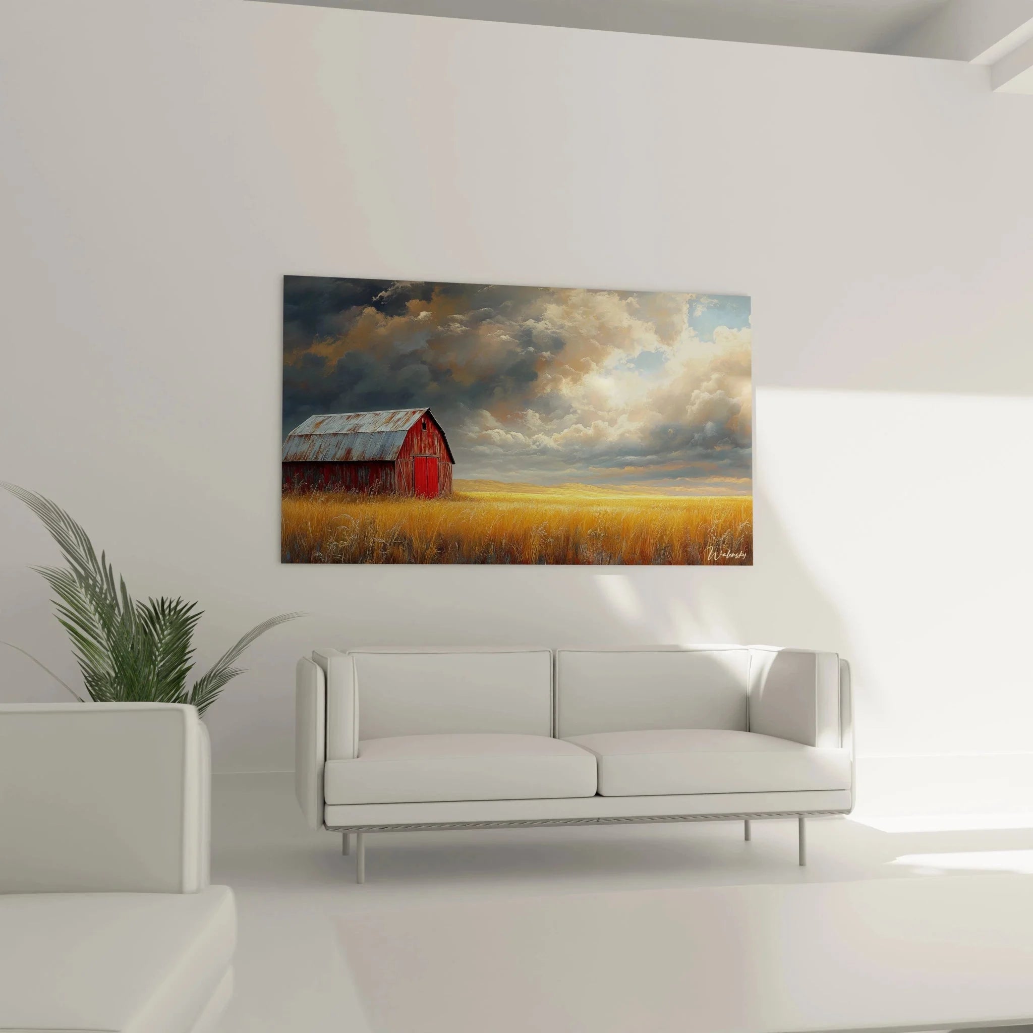 Detailansicht Wandbild rote Scheune - hochwertige Leinwand Qualität ländliche Landschaft Motiv