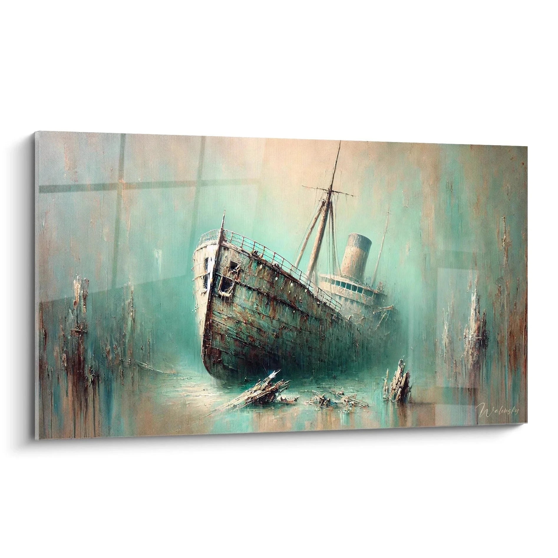 Wandbild Schiffswrack mit versunkenem Dampfer in türkiser Unterwasserlandschaft maritime Kunst