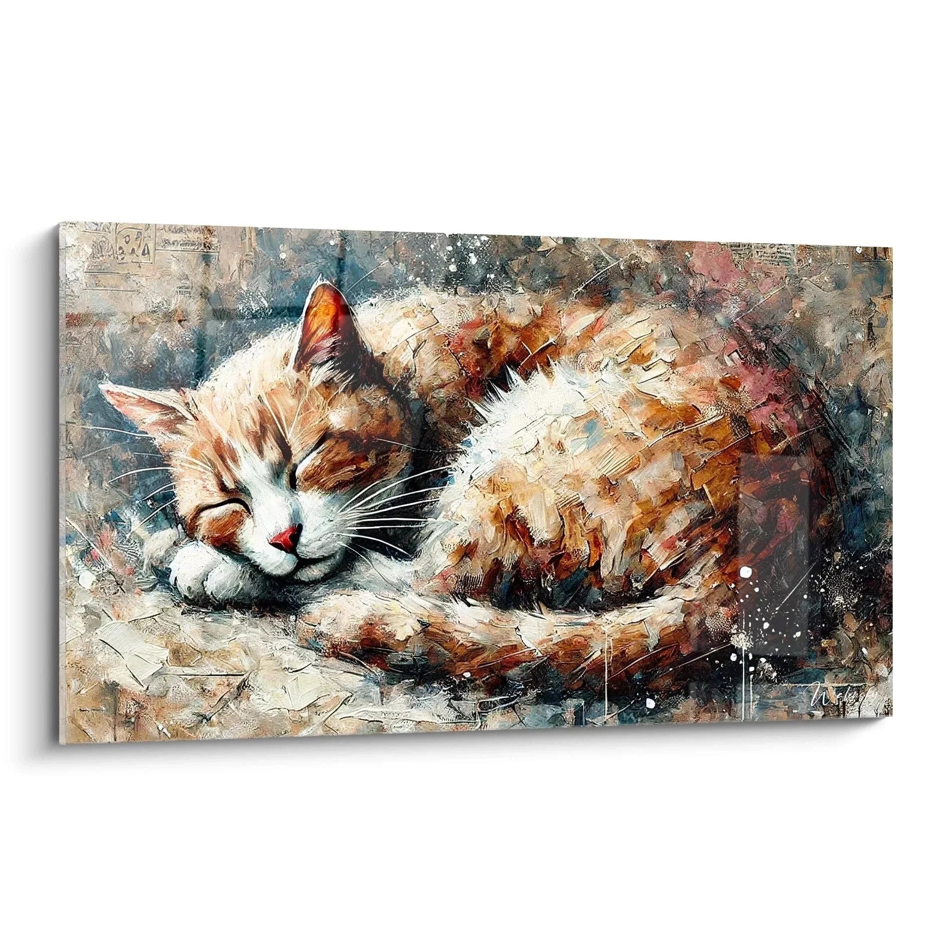 Wandbild schlafende Katze in warmen Erdtönen, abstrakte Kunstmalerei mit expressiven Pinselstrichen