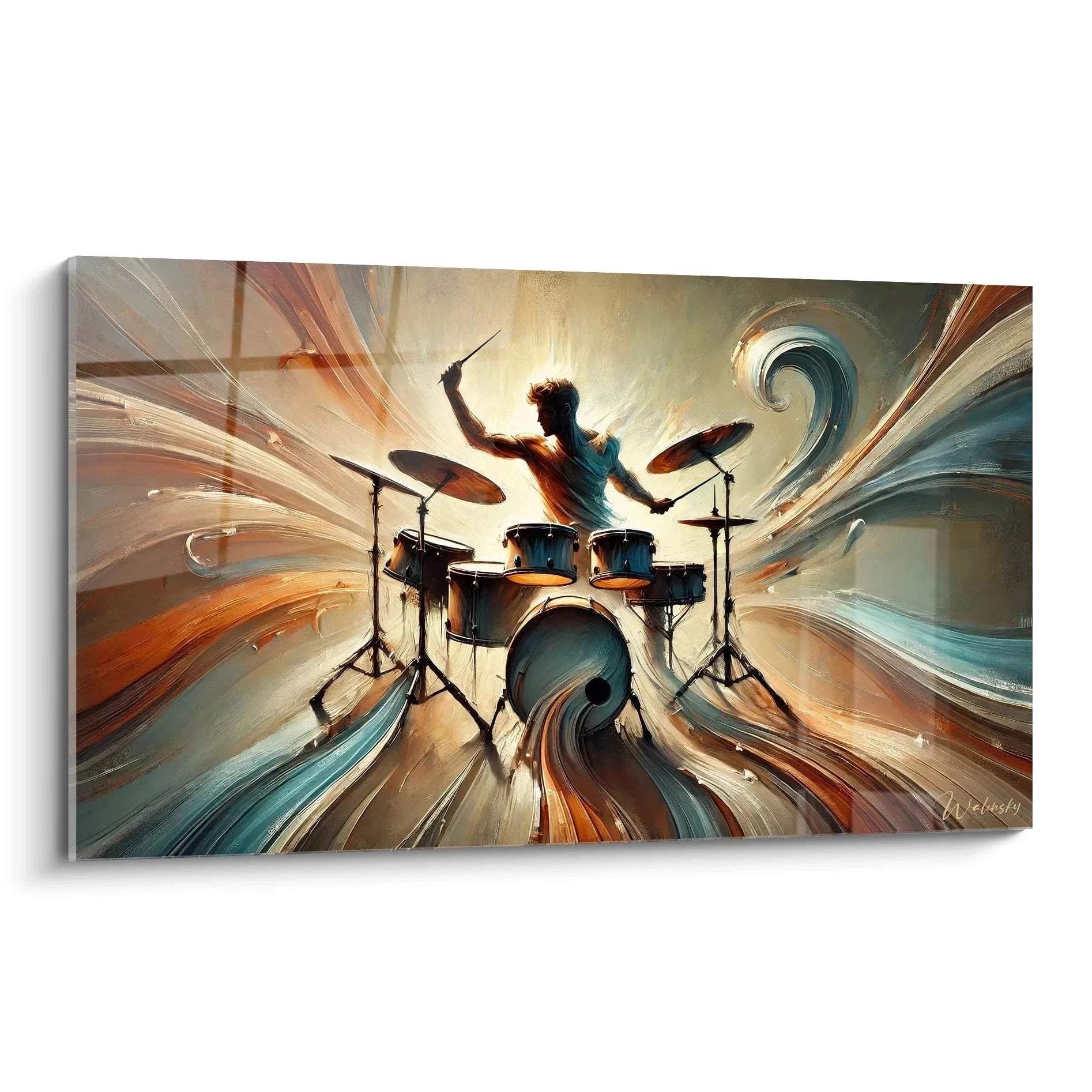 Wandbild Schlagzeug abstrakt mit Drummer und dynamischen Farbwirbeln in Orange und Blau