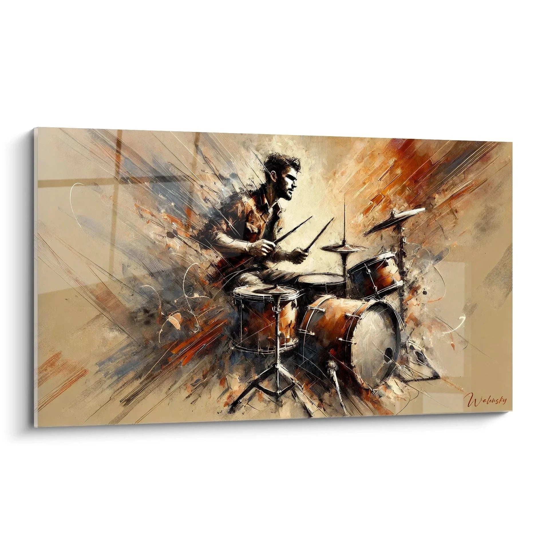 Abstraktes Wandbild Schlagzeuger mit dynamischen Farben und Bewegungslinien - Edition Musik