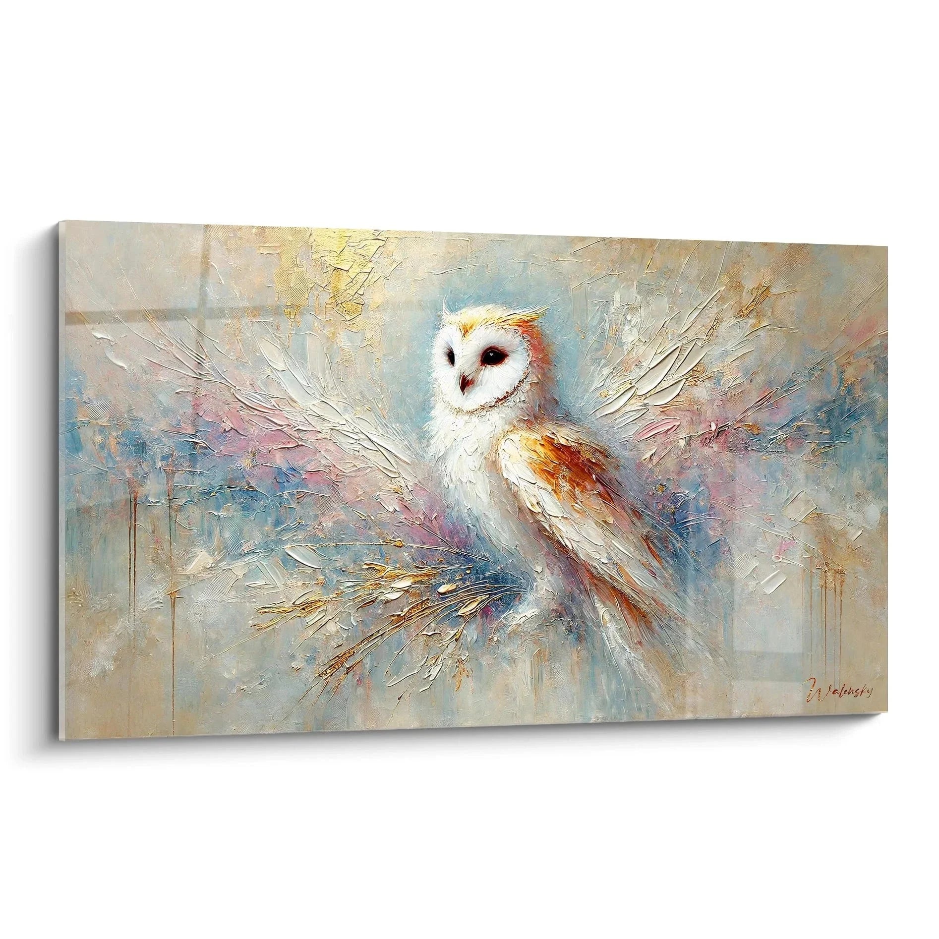 Wandbild Schleiereule abstrakt mit ausgebreiteten Flügeln in expressiver Malerei Edition Uhu