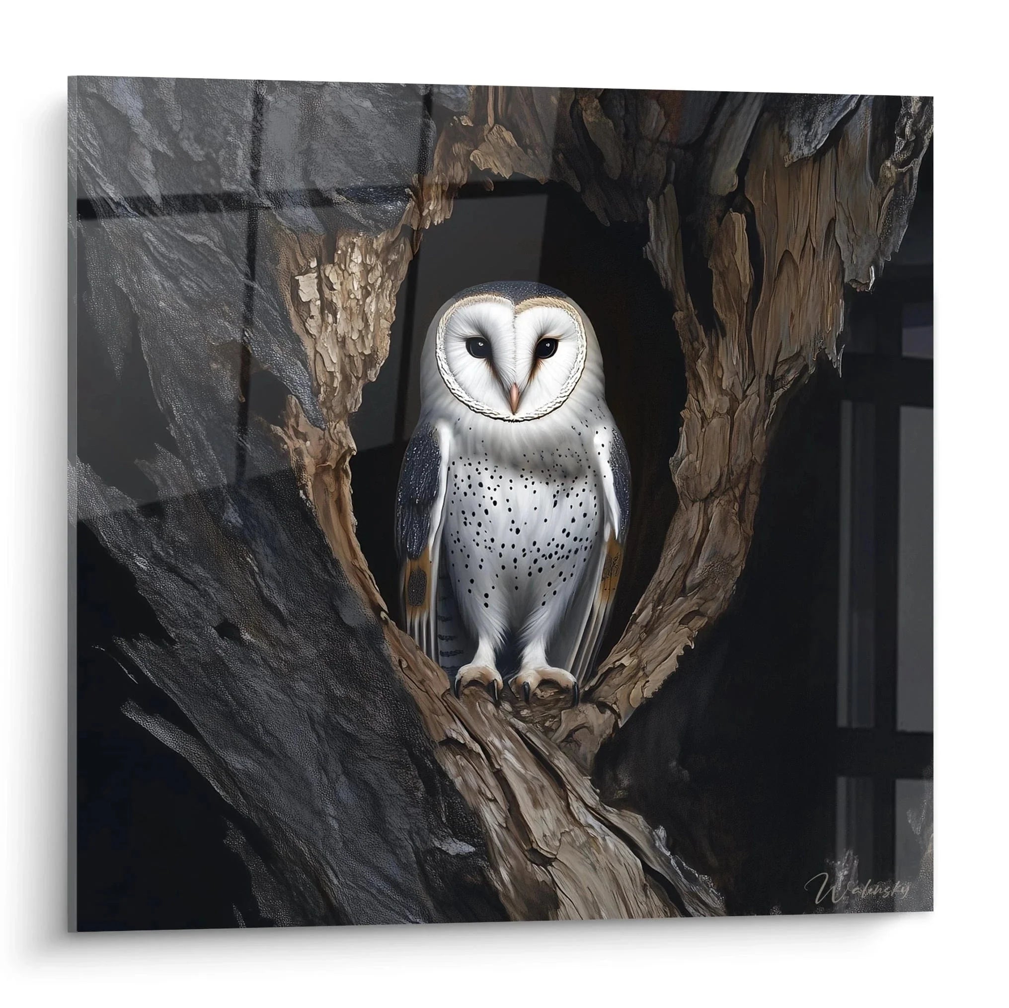 Wandbild Schleiereule in Baumhöhle - Mystische Eulen Wandkunst für Wohnzimmer