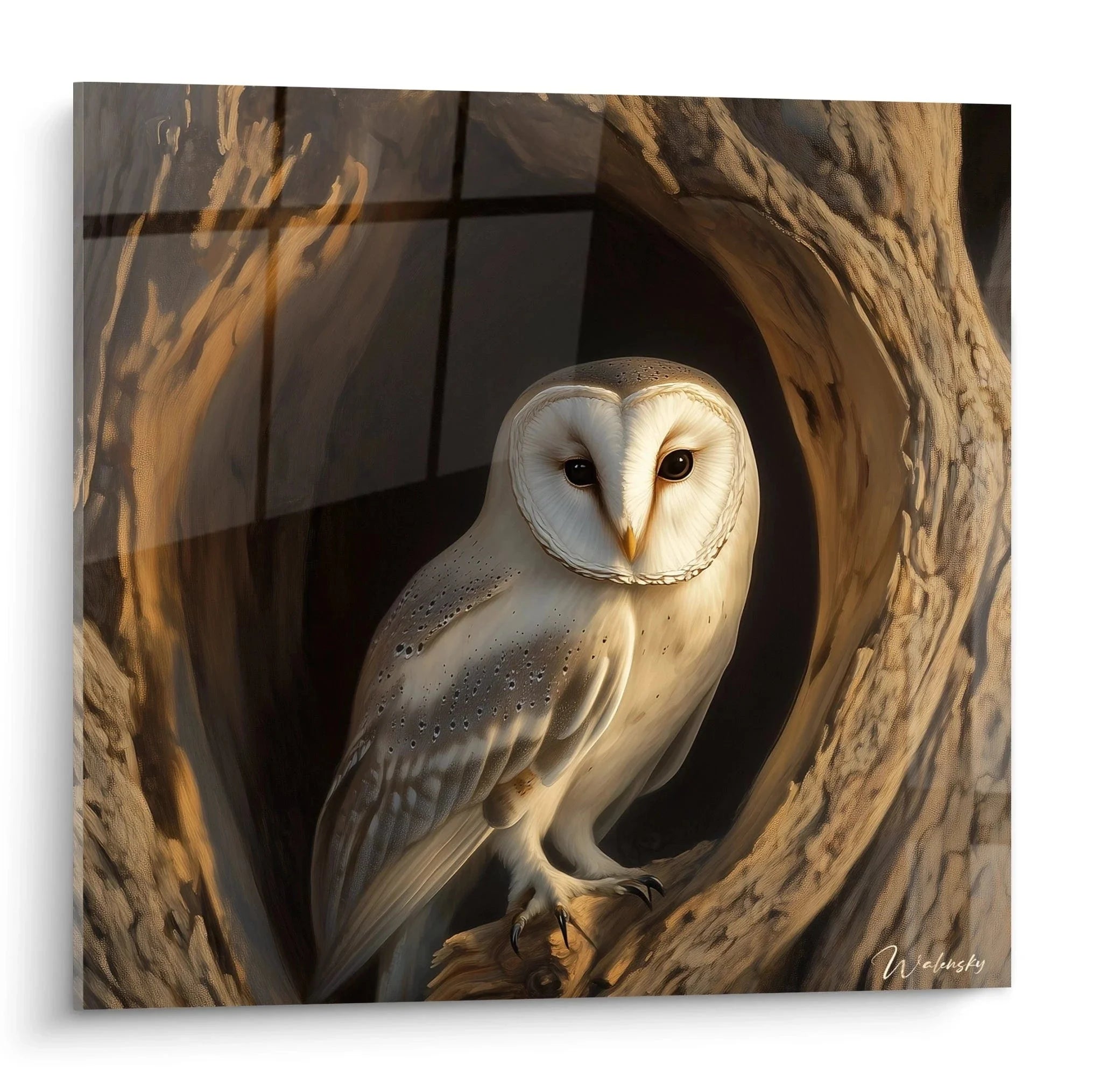 Wandbild Schleiereule im Baumstamm - Naturalistisches Eulenmotiv für Wanddekoration Edition Eule