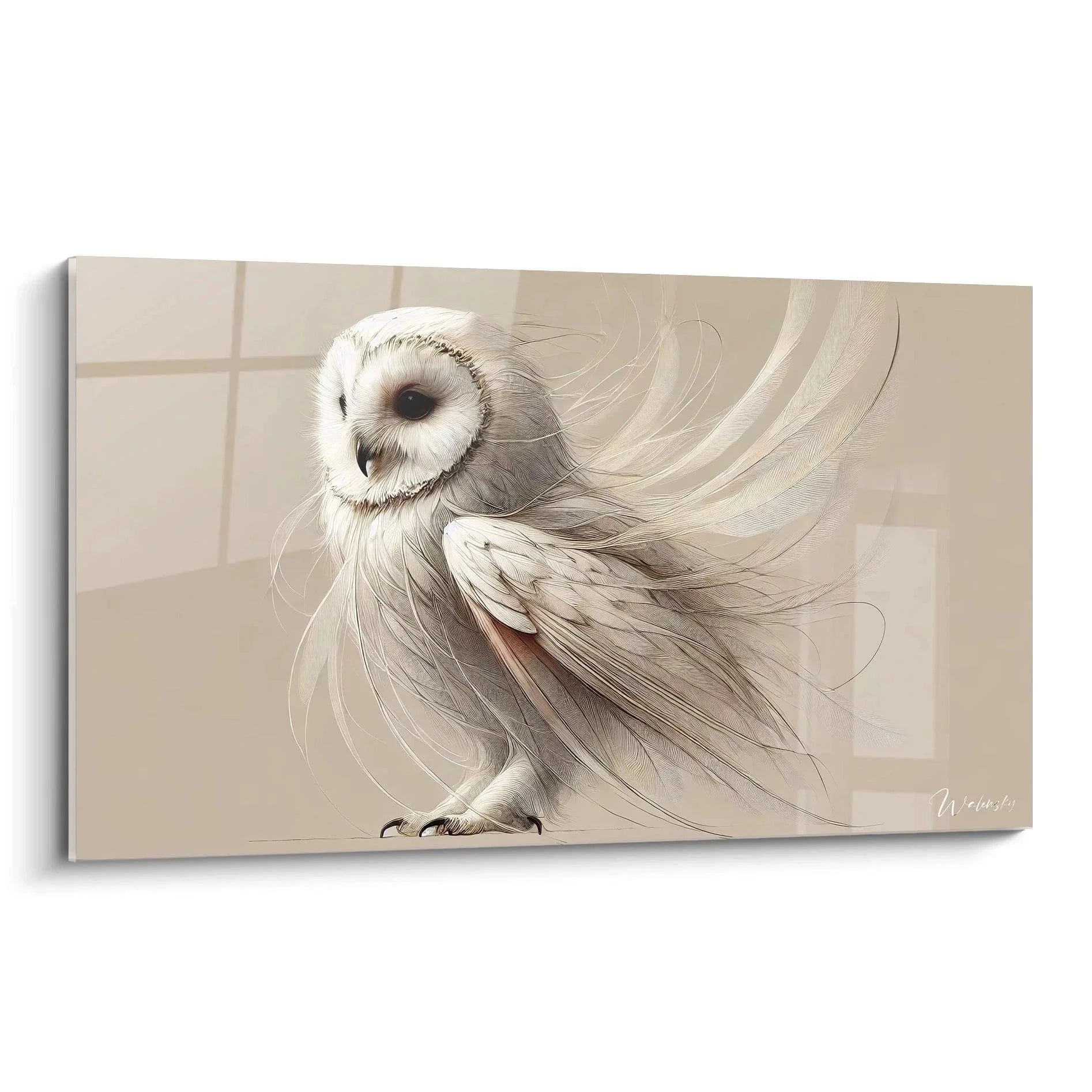 Wandbild Schleiereule mit eleganten wehenden Federn in Beigetönen - Edition Eule Kunstdruck