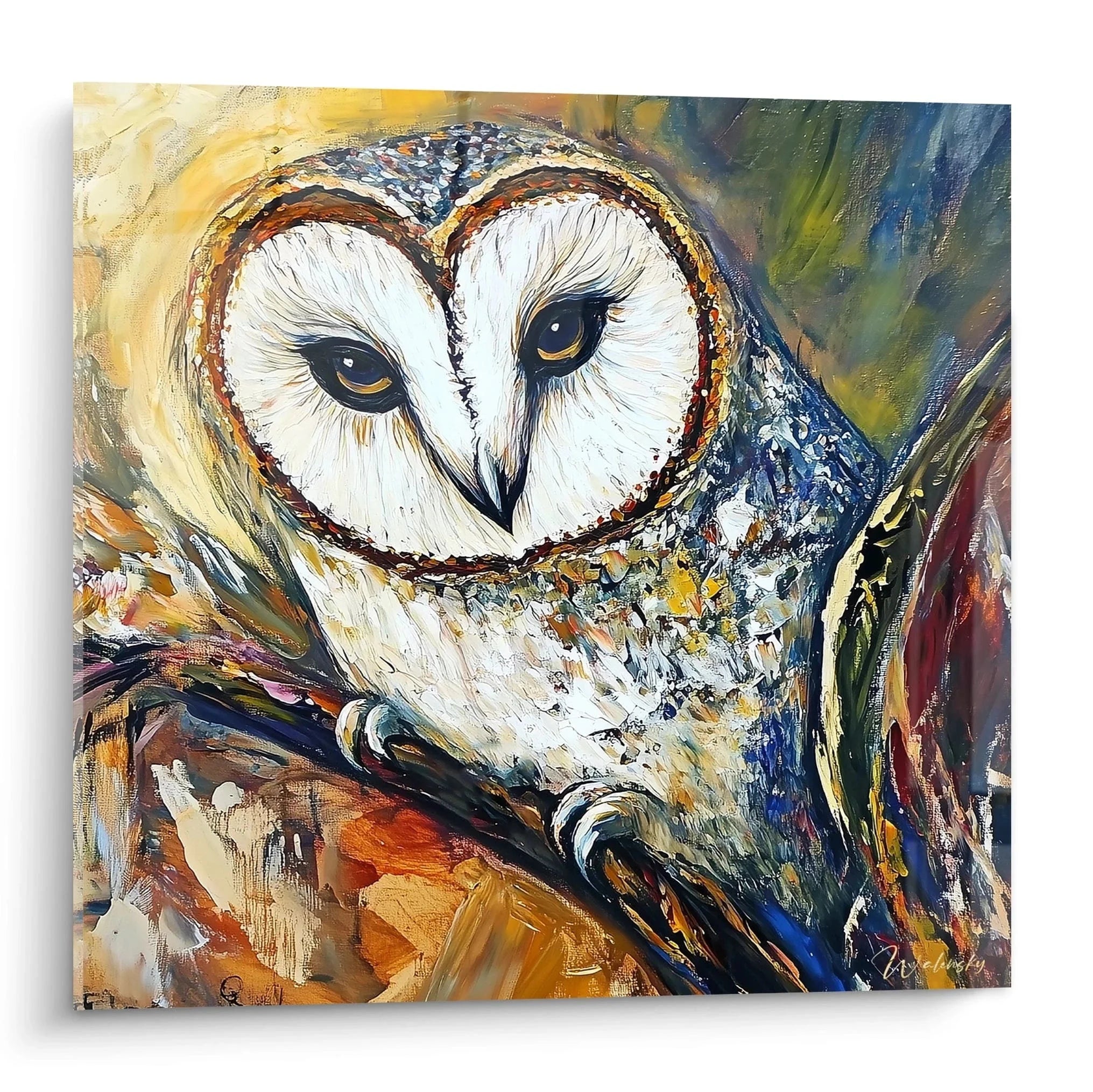 Wandbild Schleiereule in expressivem Malstil mit leuchtenden Farben - moderne Eulen Wanddeko XXL