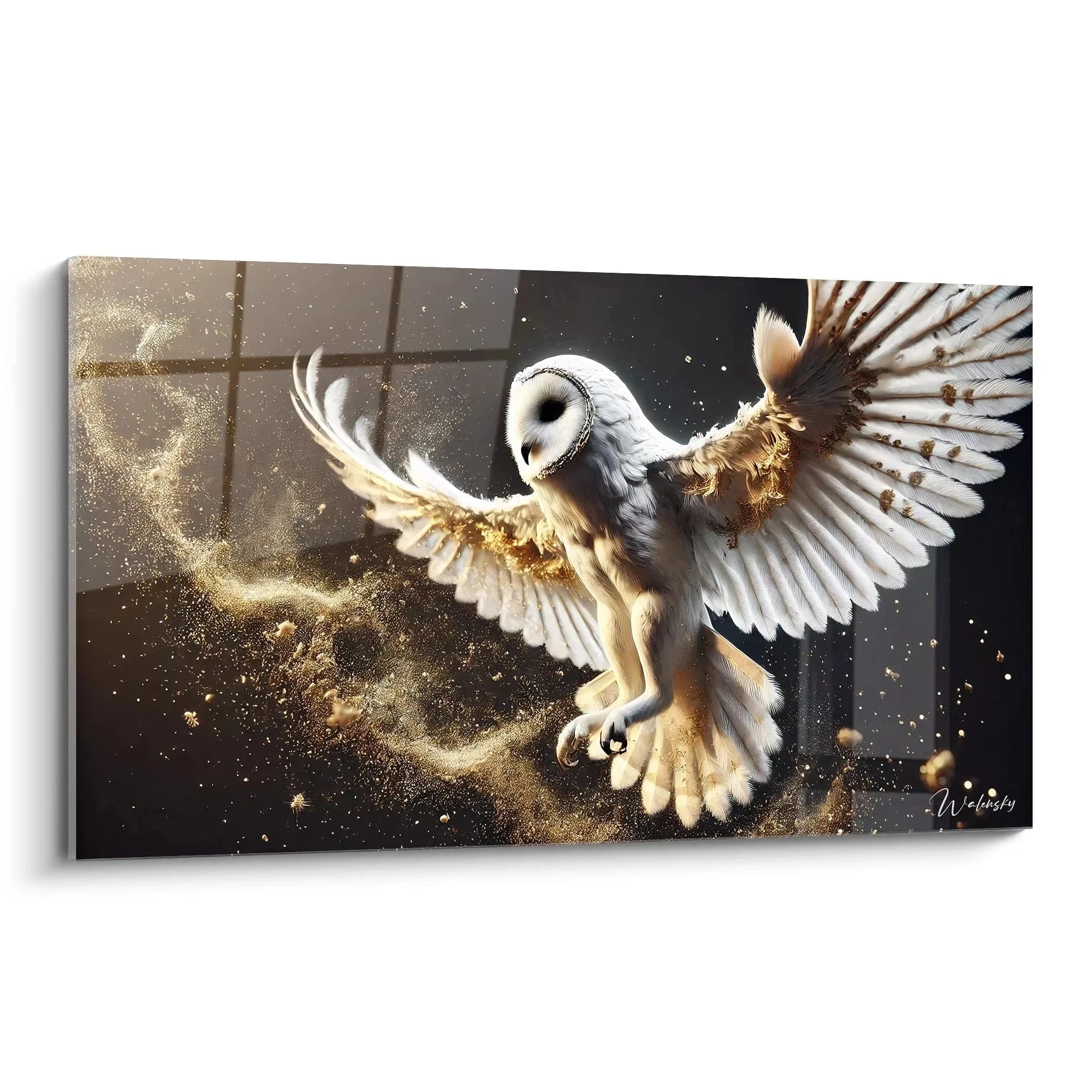 Wandbild Schleiereule im dramatischen Flug mit goldenen Lichteffekten und ausgebreiteten Schwingen