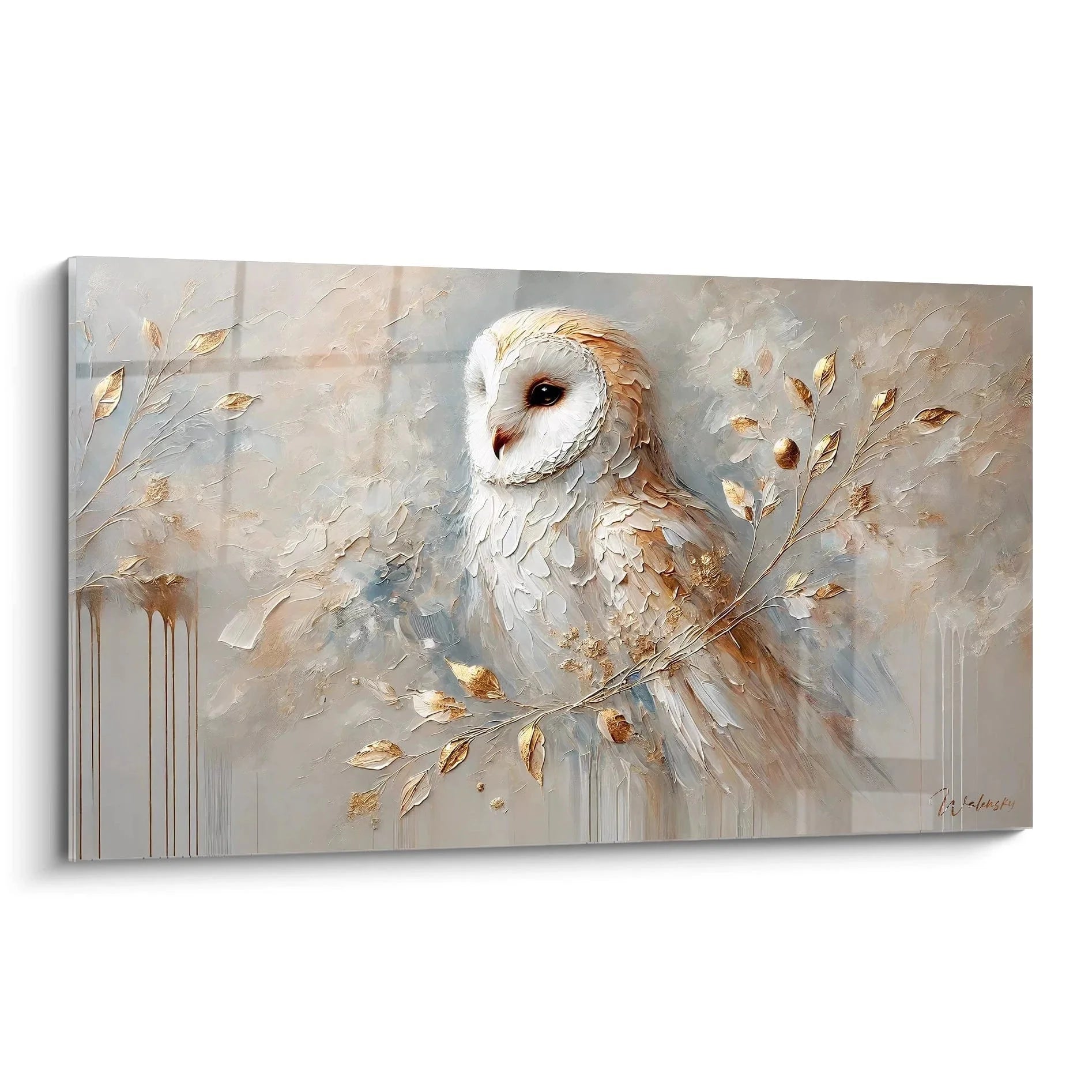 Wandbild Schleiereule mit goldenen Herbstblättern auf neutralem Hintergrund - Edition Eule Leinwandkunst