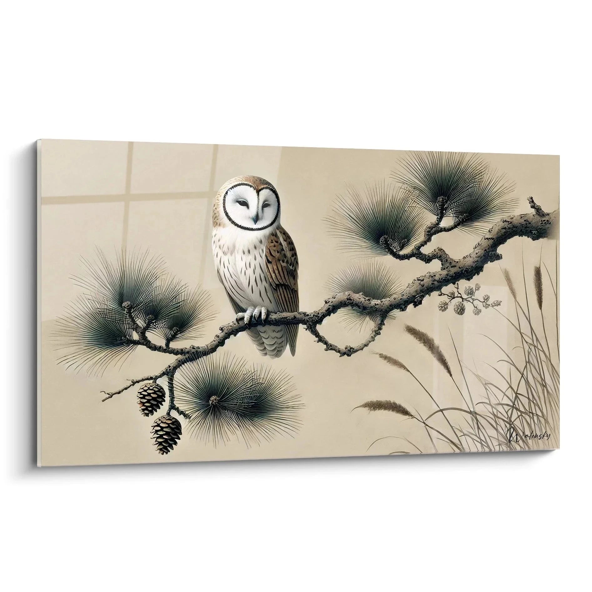 Wandbild Schleiereule auf Kiefernzweig mit Zapfen, Edition Eule Naturkunst in warmen Erdtönen