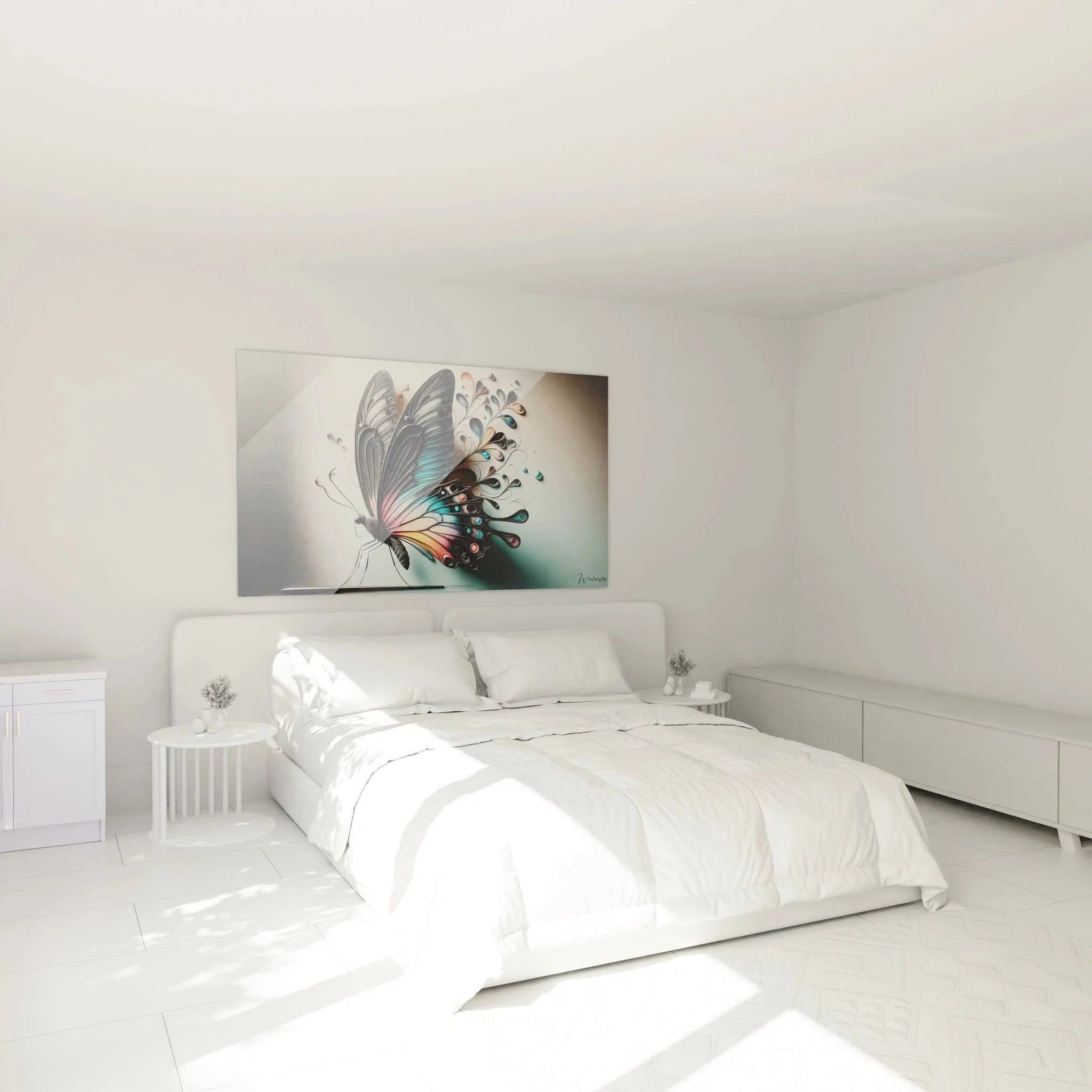 Wandbild Schmetterling abstrakt im Schlafzimmer, stilvolle Wanddekoration mit Farbspritzern