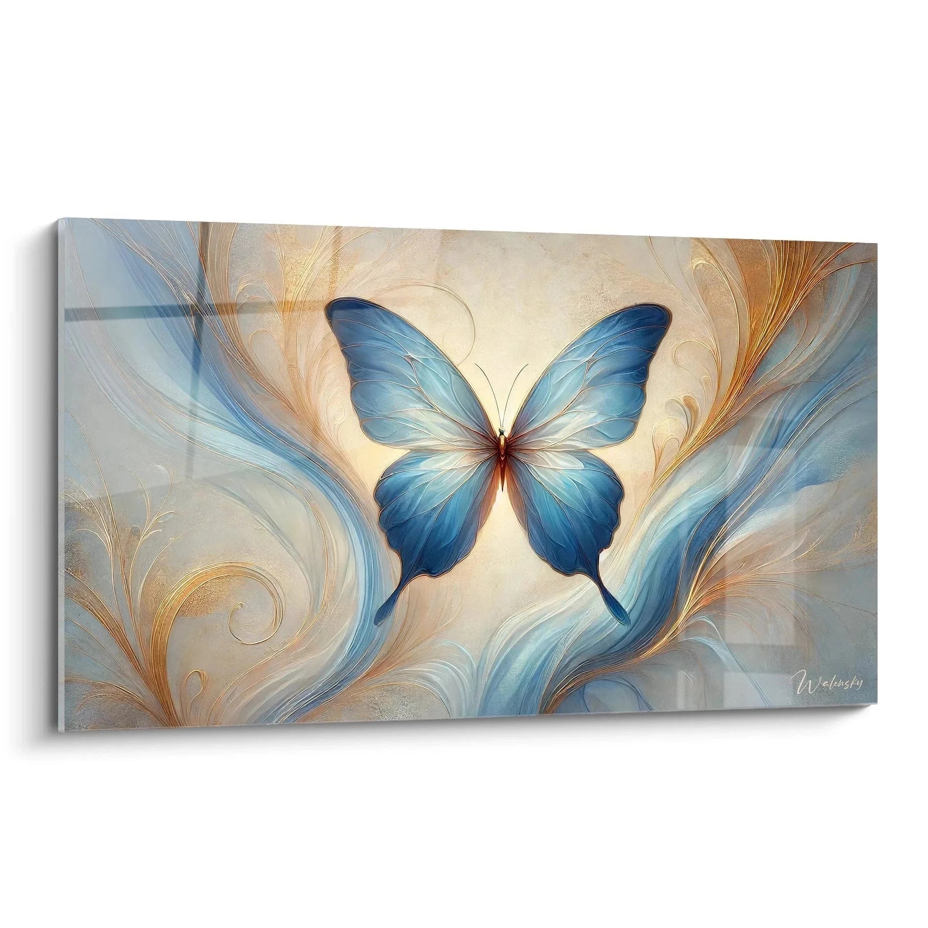 Wandbild Schmetterling in Blau mit goldenen Wirbeln auf cremefarbenem Hintergrund - moderne Wandkunst
