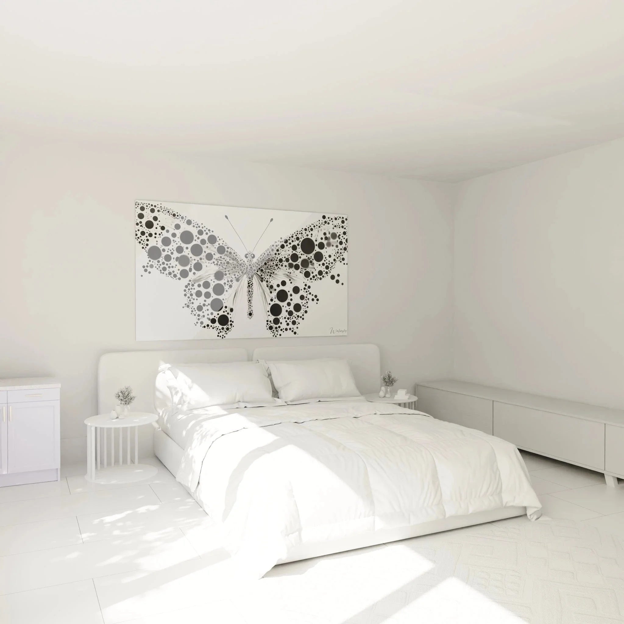 Wandbild Schmetterling Punkte Komposition im Schlafzimmer - elegante schwarz-weiß Wanddekoration