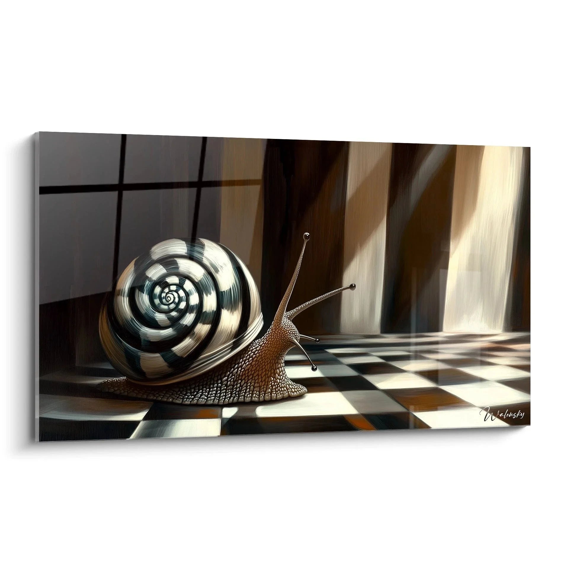 Surrealistisches Wandbild Schnecke mit hypnotischer Spirale auf Schachbrettboden - Edition Surrealismus