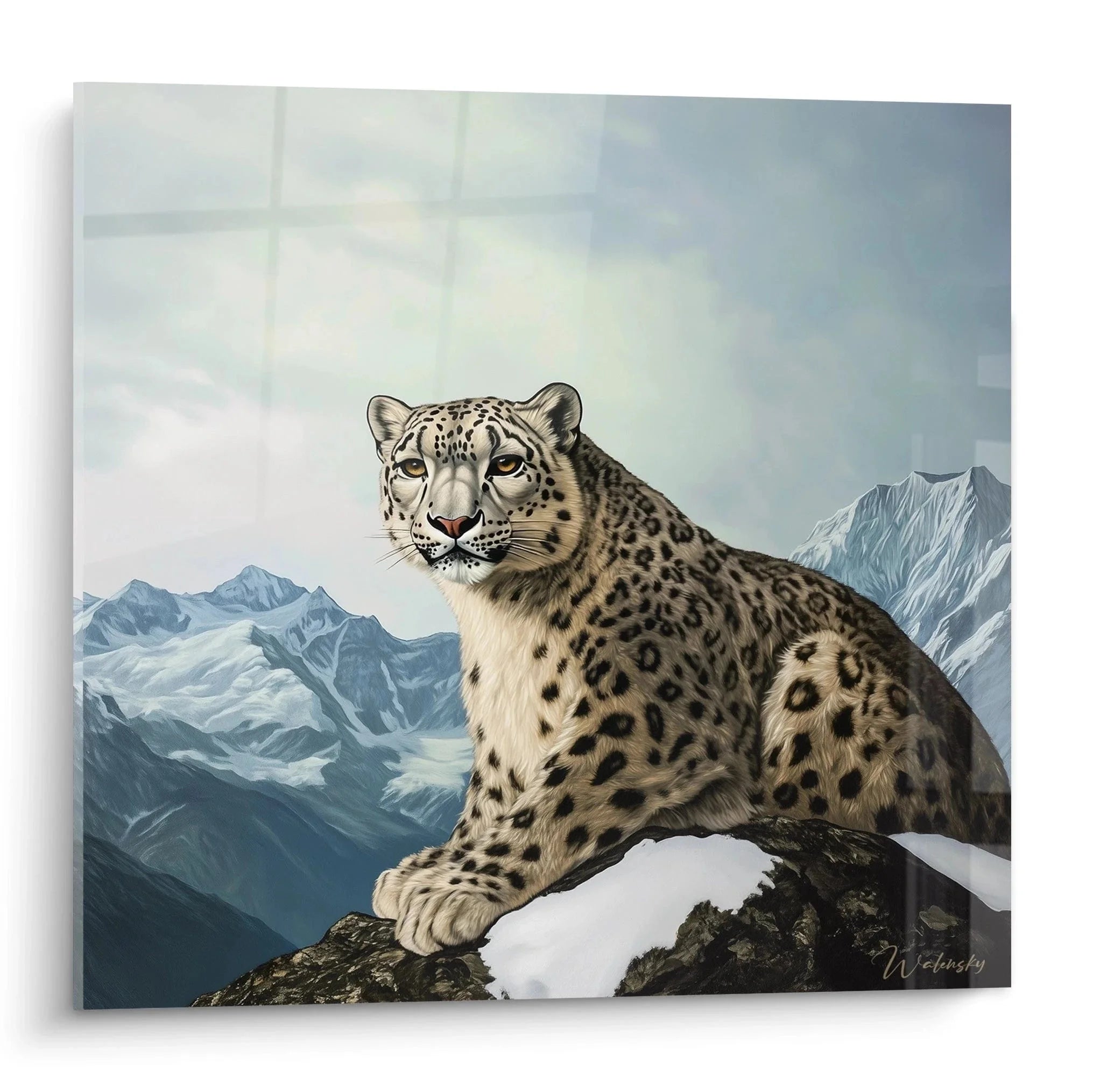 Wandbild Schneeleopard auf Felsen vor Bergpanorama - majestätische Raubkatze Kunstdruck XXL