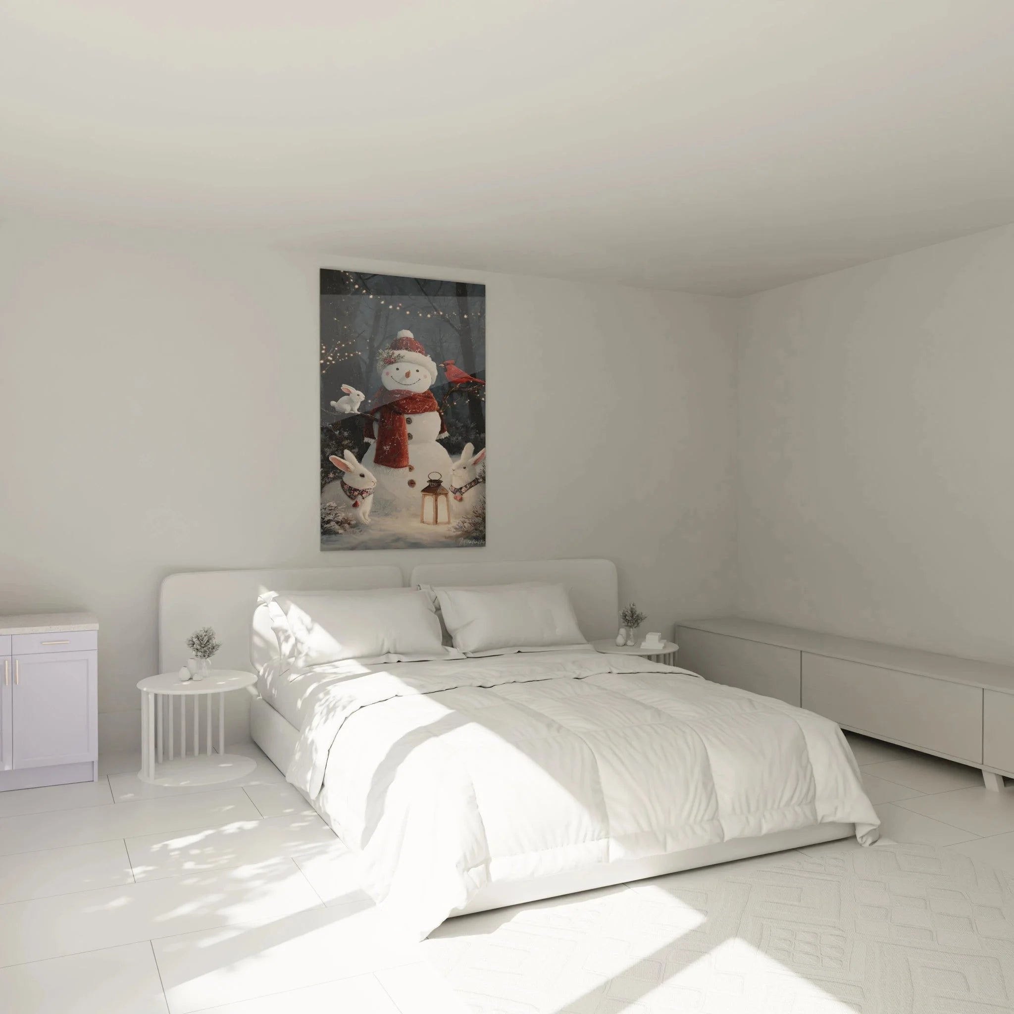 Weihnachtliches Wandbild Schneemann im Schlafzimmer - gemütliche Winterdekoration an der Wand
