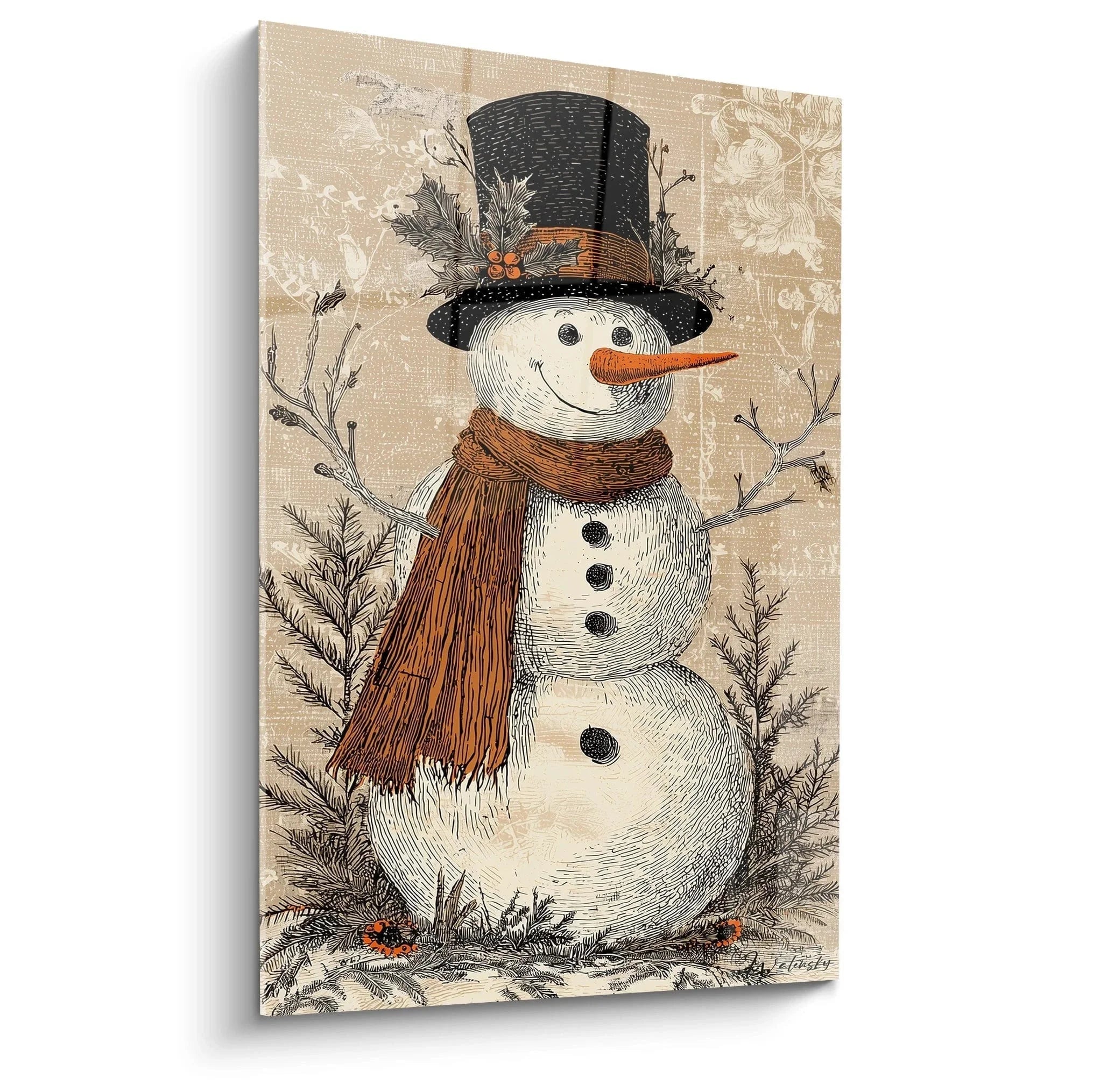 Wandbild Schneemann mit Zylinder und Schal in Vintage-Stil für Weihnachtsdeko