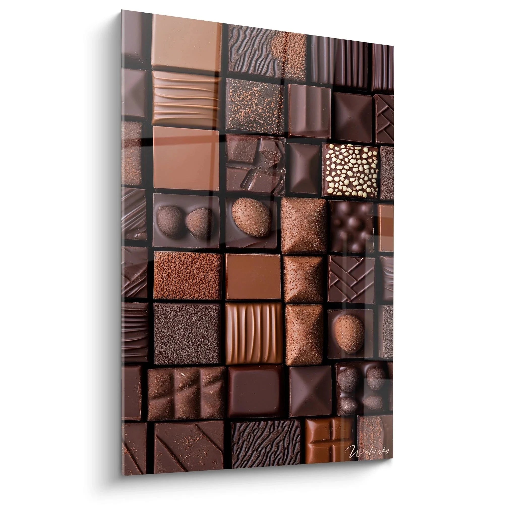 Wandbild Schokolade mit verschiedenen Pralinensorten in braunen Tönen als Küchendekoration