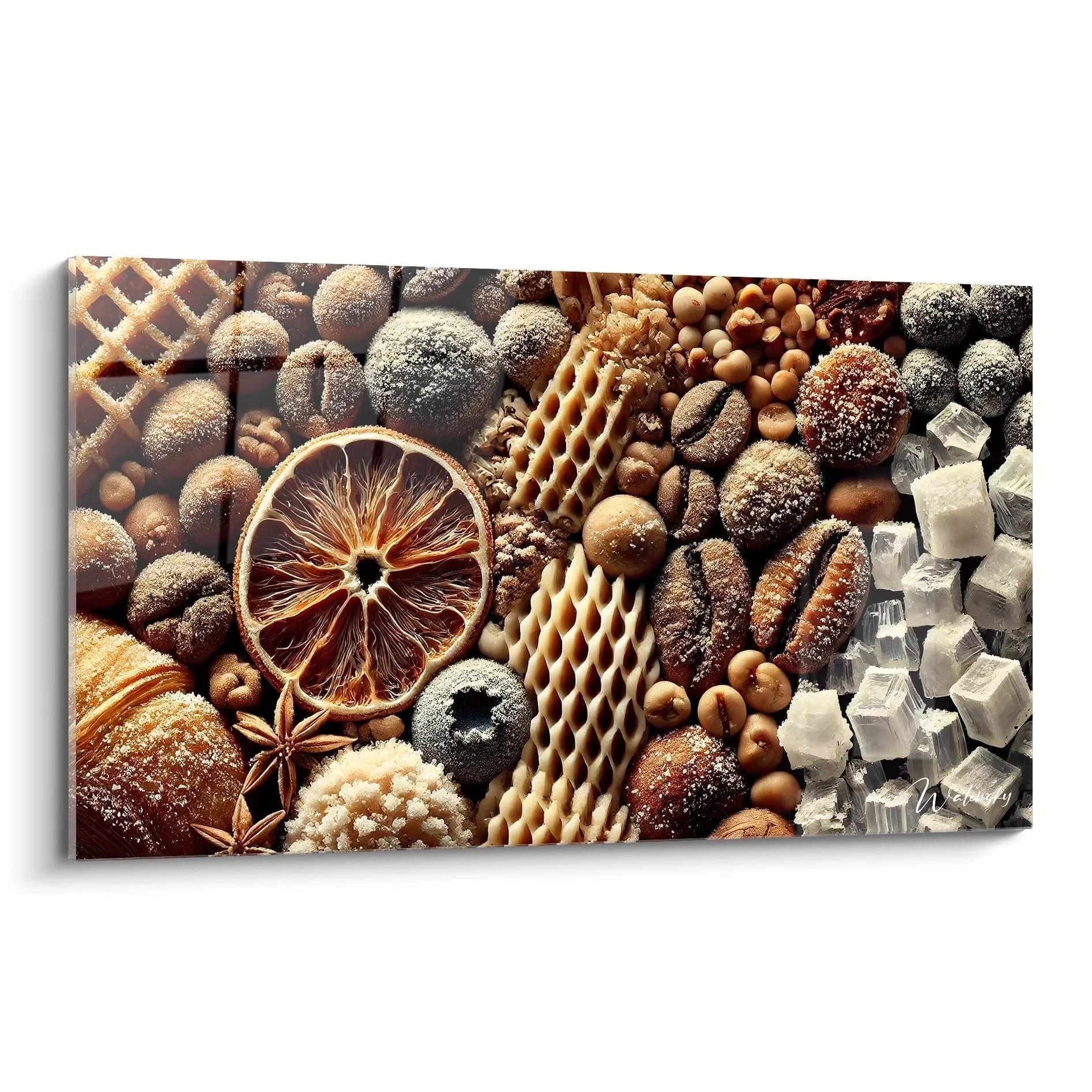 Luxuriöses Wandbild mit Schokoladen, Pralinen und Süßigkeiten in warmen Brauntönen für Küchendekoration