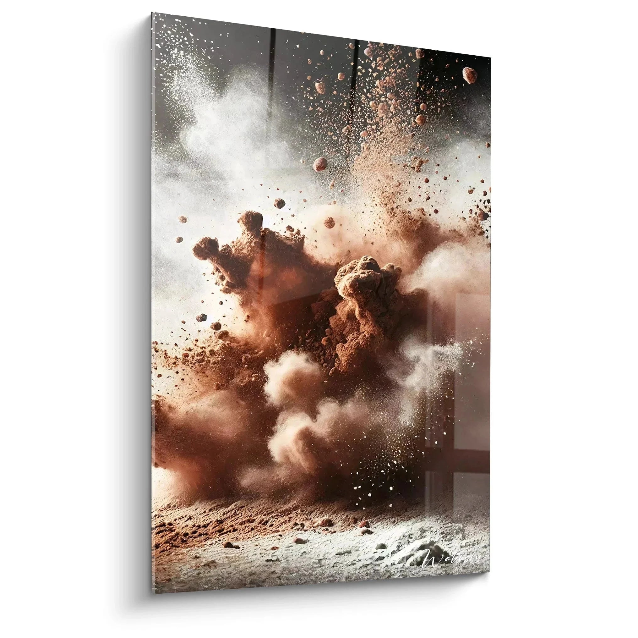 Wandbild Schokoladenexplosion mit fliegenden Kakao-Brocken und Pulverwolken in Brauntönen