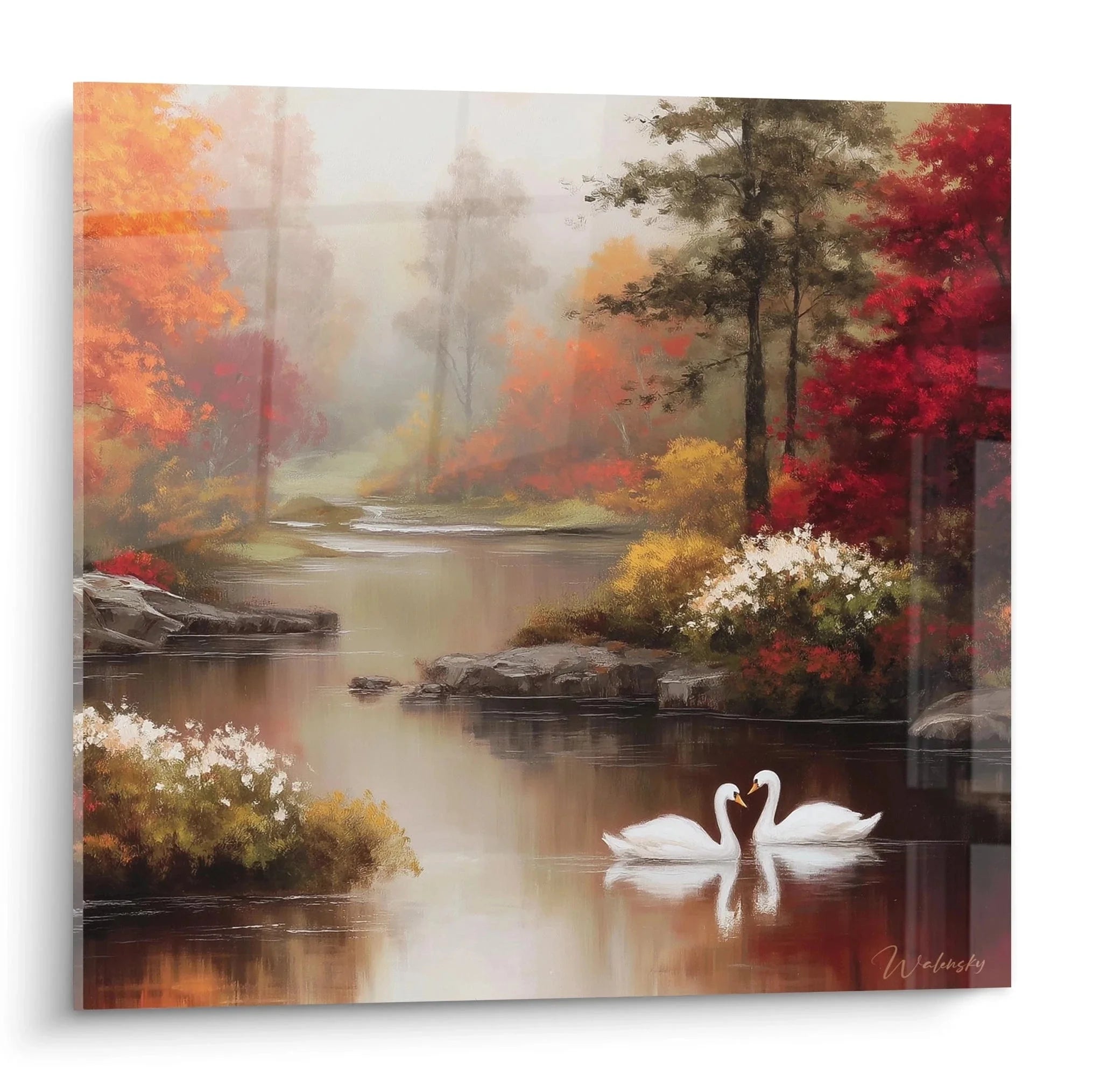 Wandbild Schwäne im Herbst - Romantische Szene am nebligen See mit warmen Herbstfarben und weißen Schwänen