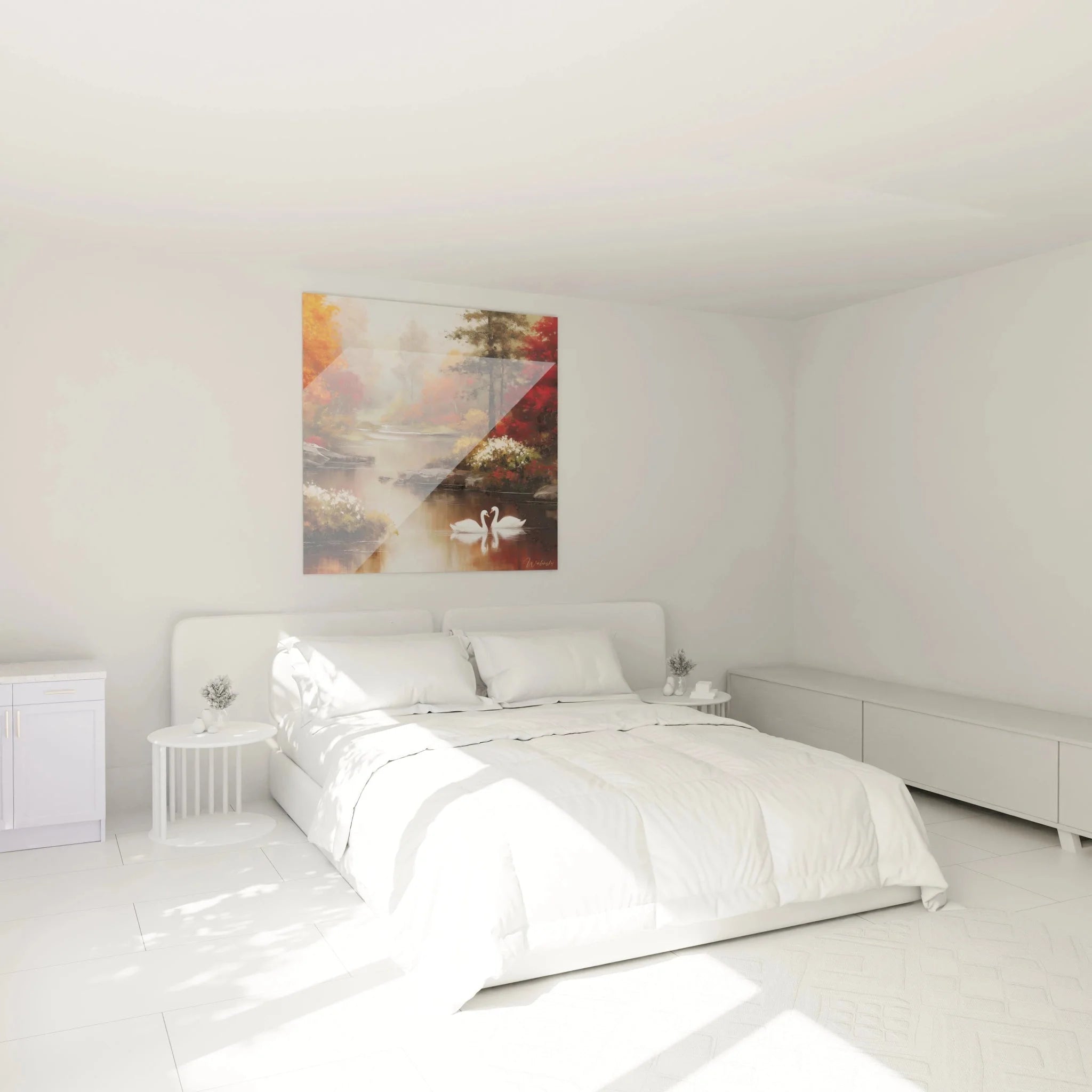 Wandbild Schwäne Herbst im Schlafzimmer - Romantische Wanddekoration über dem Bett in warmen Farbtönen