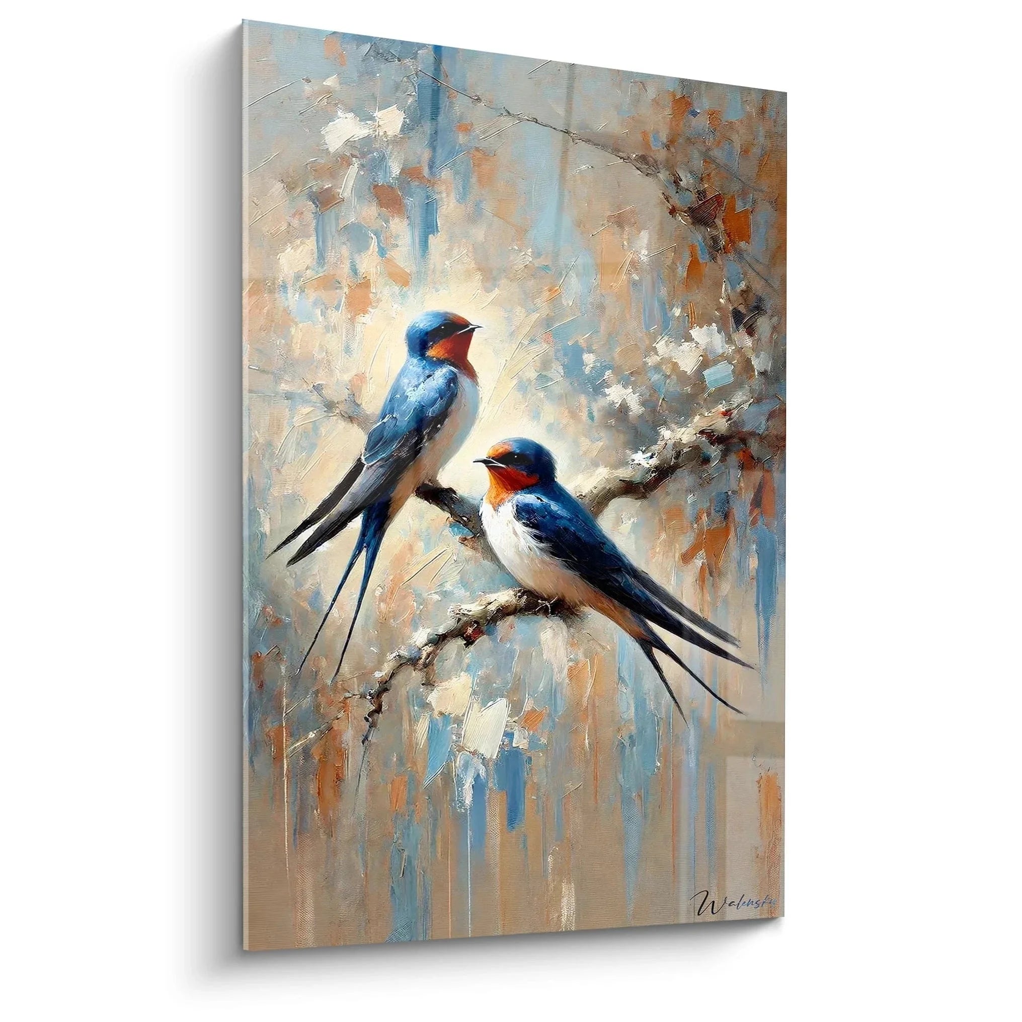 Wandbild Schwalben auf Ast mit blau-orange Gefieder, moderne Vogelkunst für Wohnzimmer