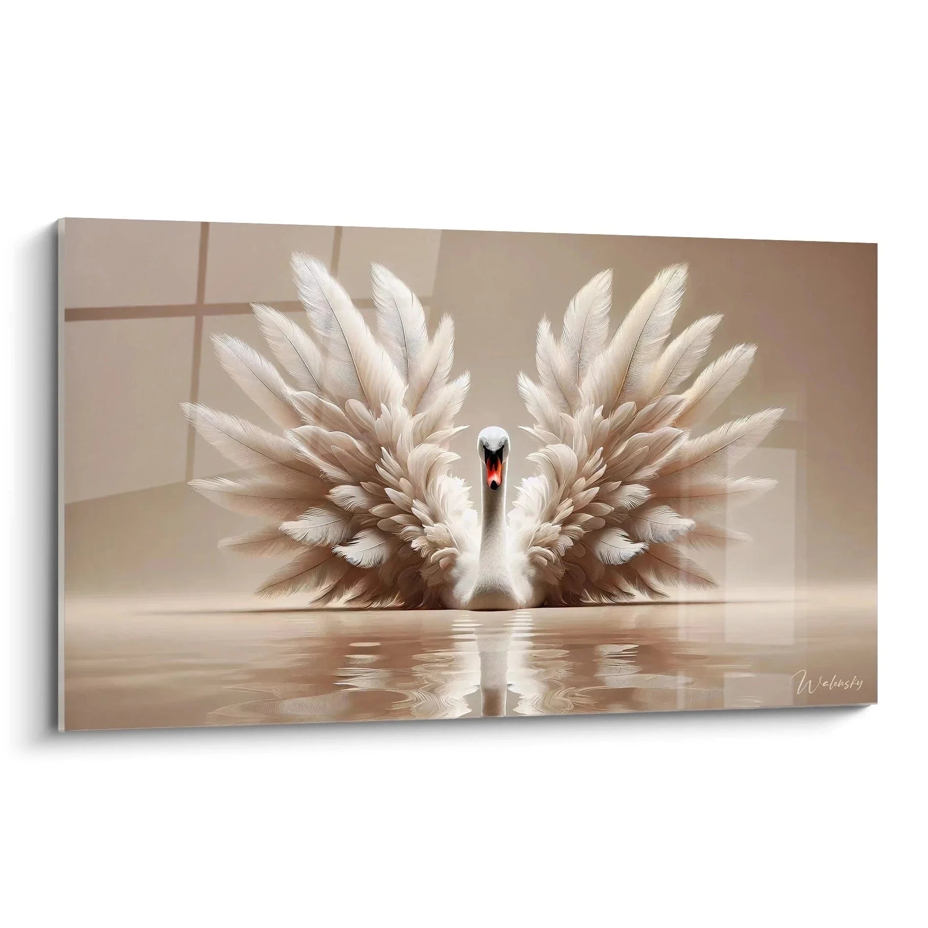 Wandbild Schwan mit ausgebreiteten Flügeln in eleganten Beigetönen auf spiegelnder Wasseroberfläche
