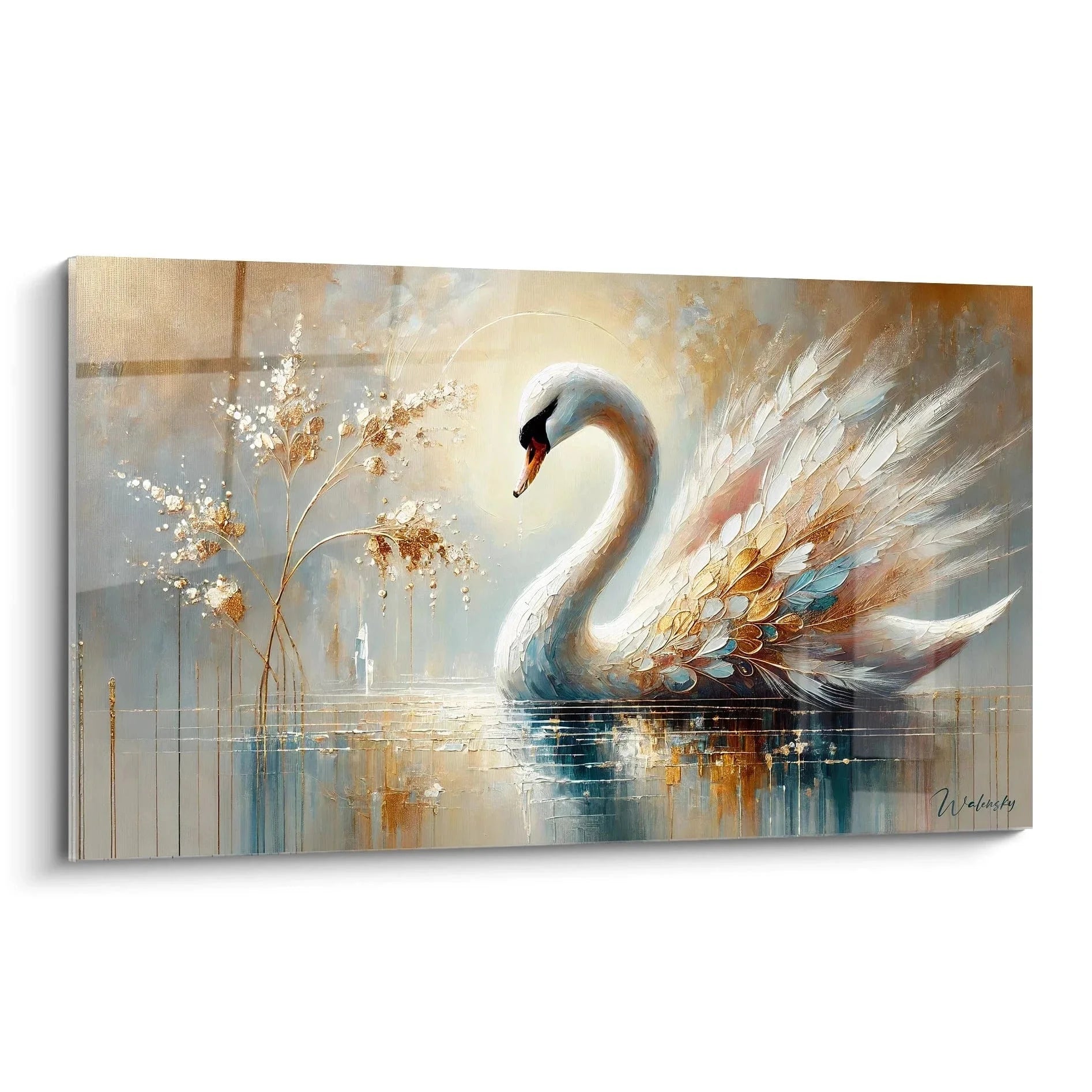 Wandbild Schwan mit ausgebreiteten Flügeln auf spiegelglattem Wasser in warmen Beigetönen - Edition Schwan