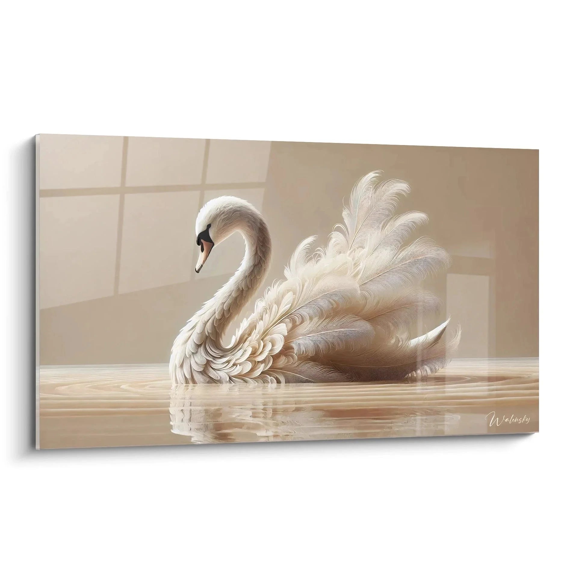 Wandbild Schwan mit eleganten Federn auf Wasseroberfläche in warmen Beigetönen - Edition Schwan Premium Wanddeko