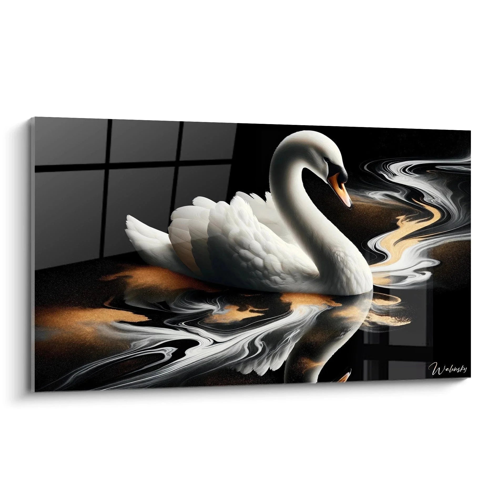 Elegantes Wandbild Schwan mit goldenen Reflexionen und modernem Design in Premium-Qualität