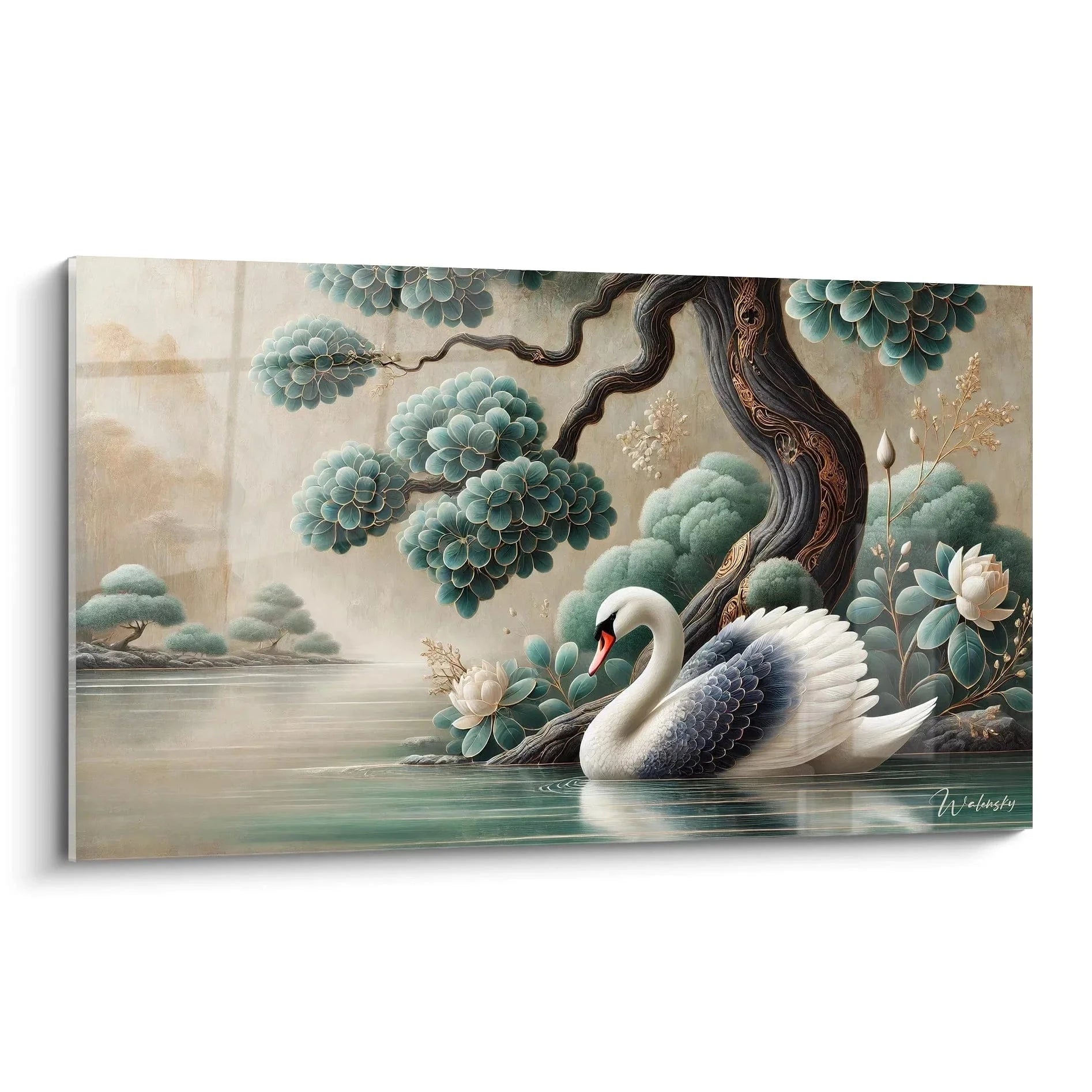 Elegantes Wandbild Schwan im japanischen Stil mit Kirschblüten und Wasserspiegelung
