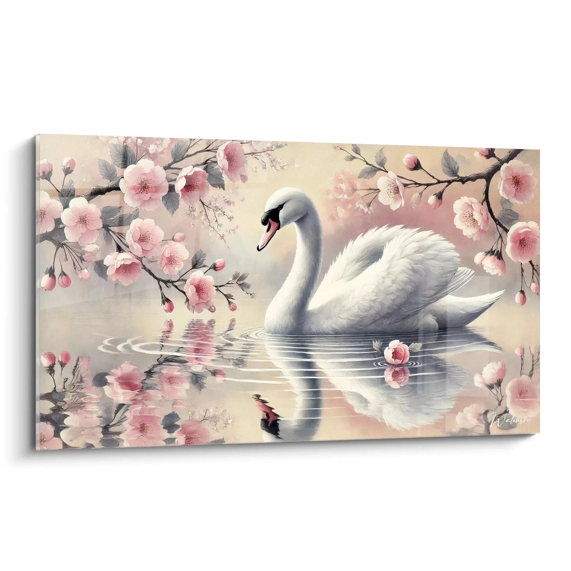 Wandbild Schwan mit rosa Kirschblüten und Wasserspiegelung - elegante Wanddekoration