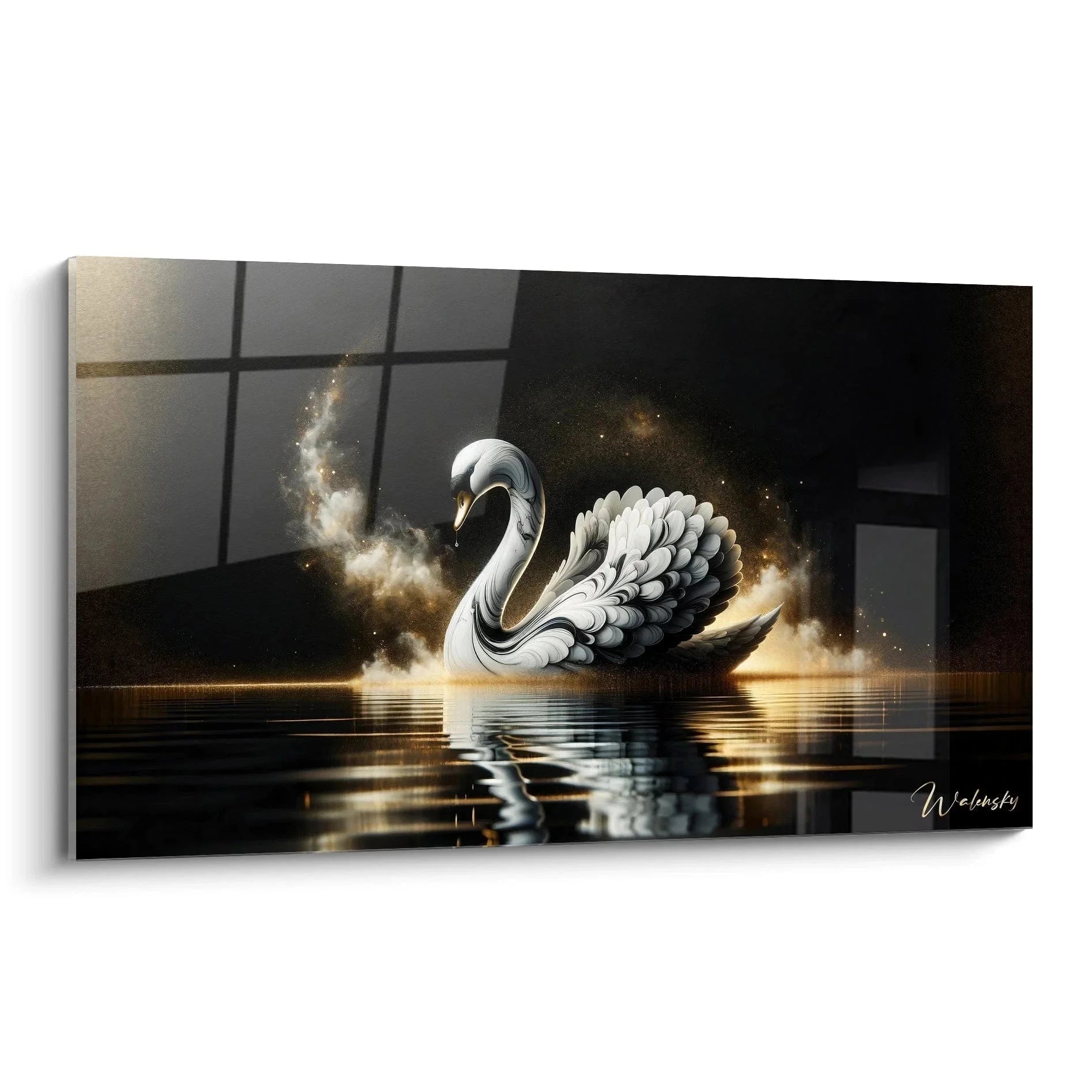 Majestätisches Wandbild Schwan mit kosmischem Glanz und goldenen Lichteffekten über Wasseroberfläche