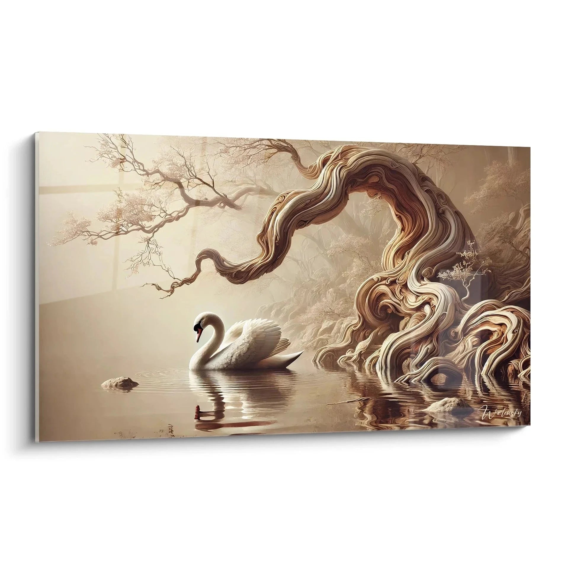 Wandbild Schwan mit mystischen goldenen Wellen auf spiegelglattem See in warmen Brauntönen