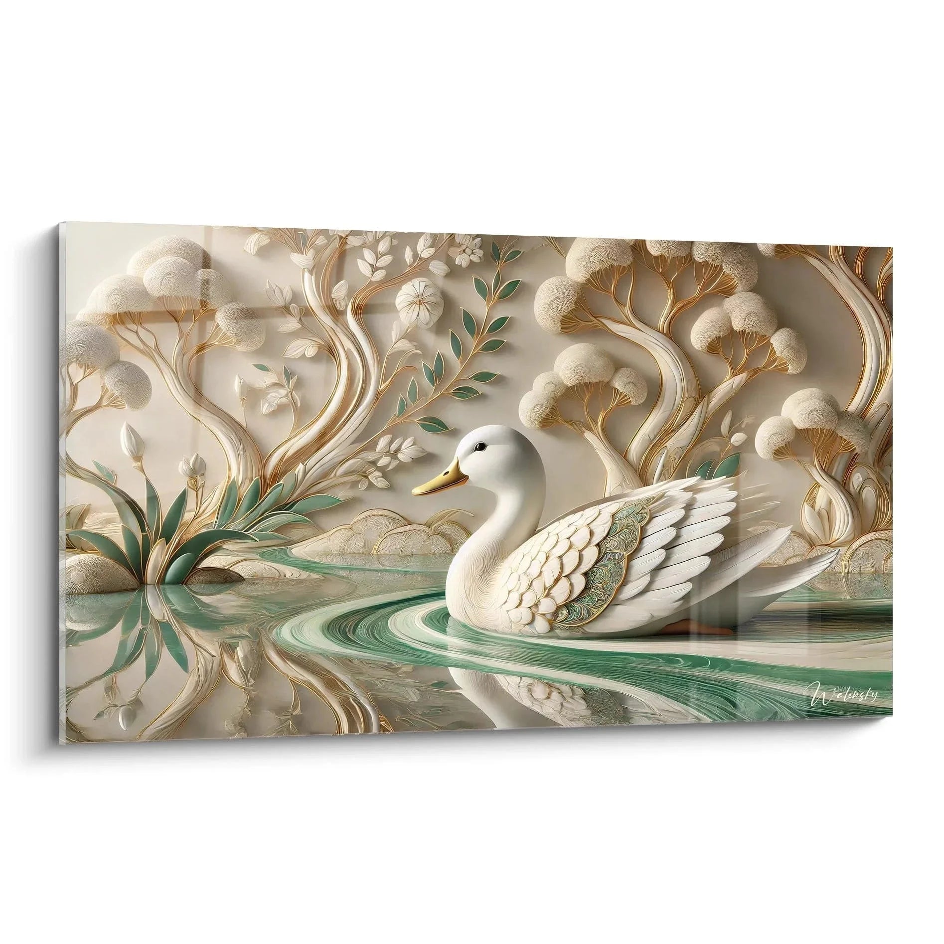 Elegantes Wandbild mit weißem Schwan in ornamentaler Wasserlandschaft mit goldenen Verzierungen