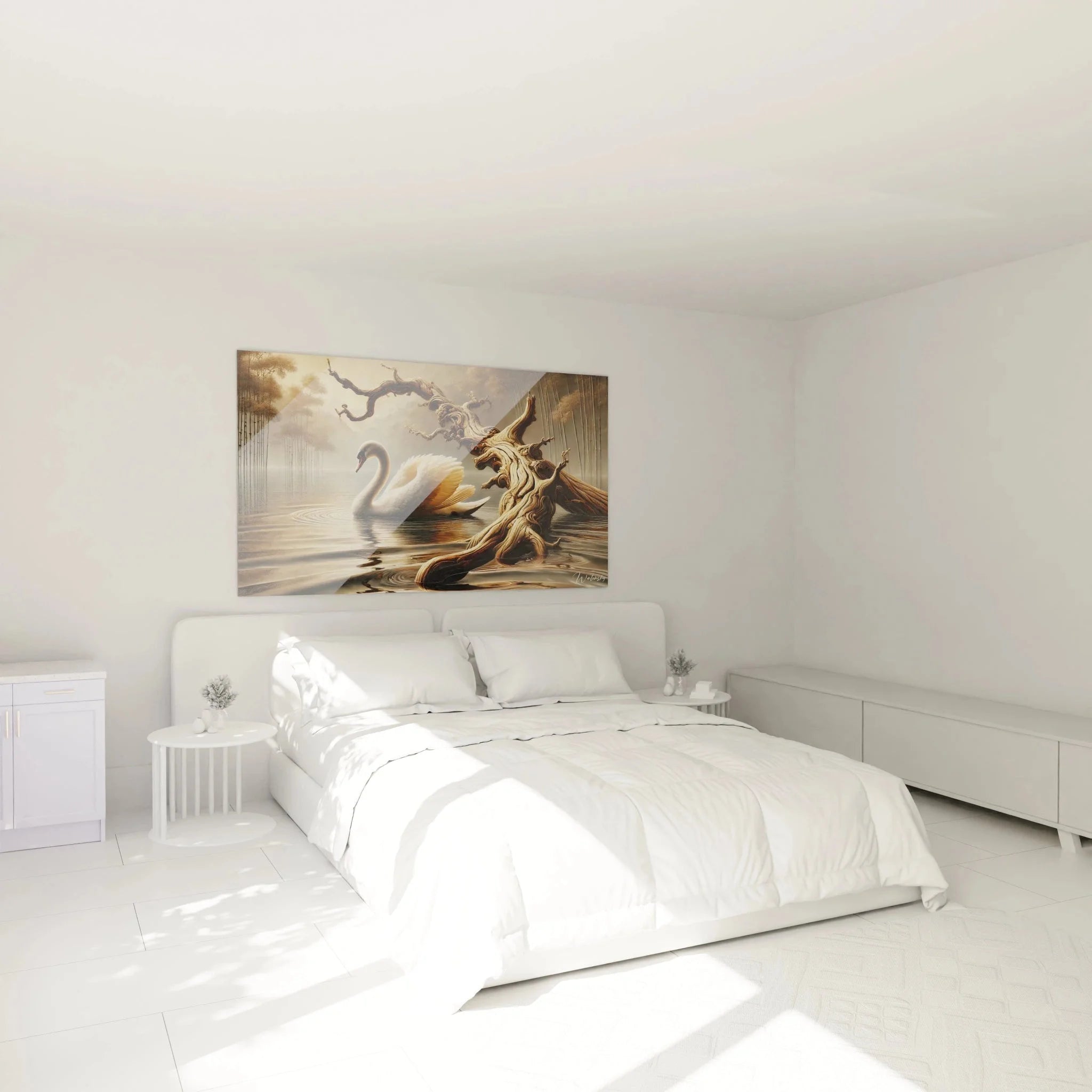 Wandbild Schwan mystisch in modernem Schlafzimmer über dem Bett als elegante Wanddekoration