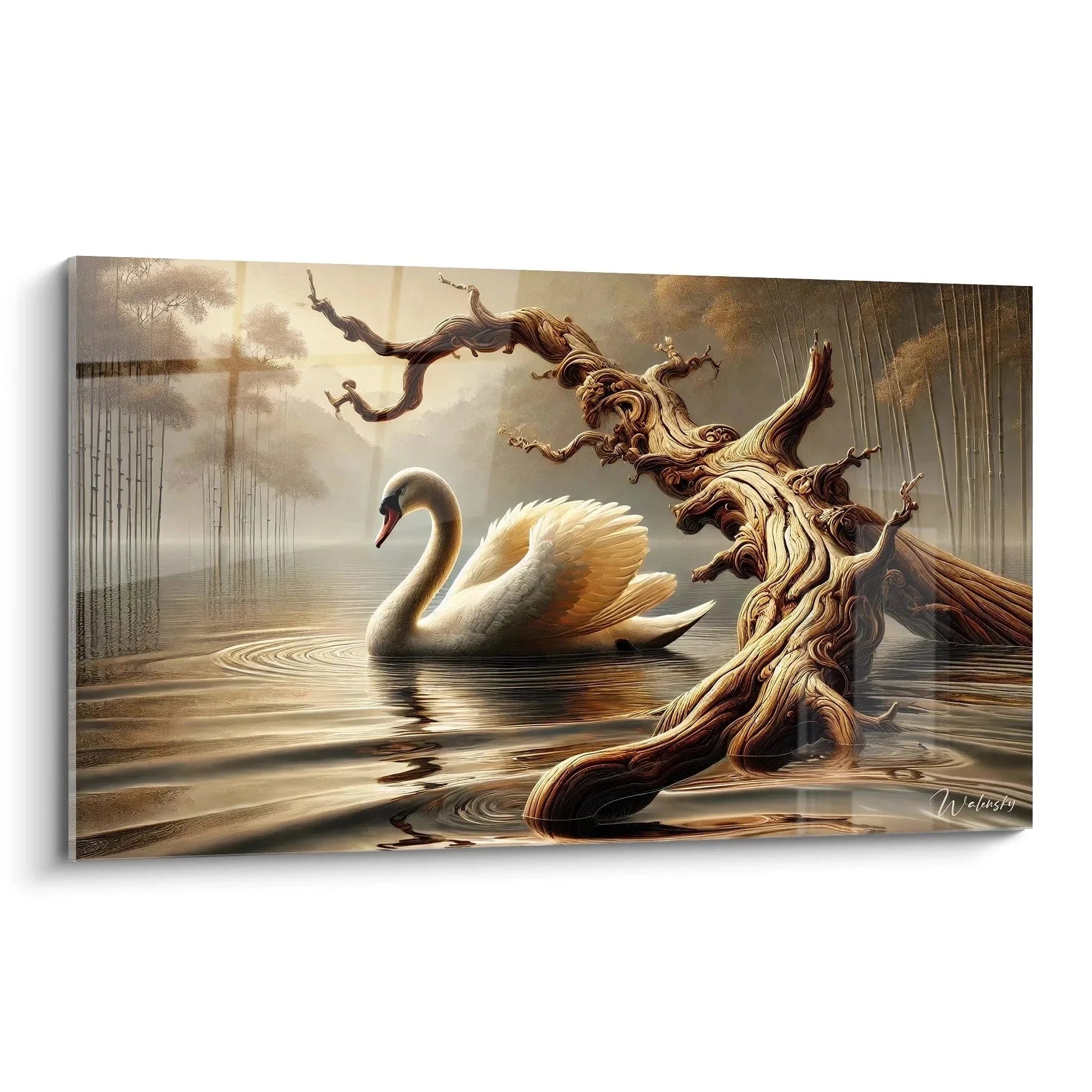 Wandbild Schwan am See mit Treibholz - majestätische Eleganz in warmen Erdtönen für moderne Wanddekoration