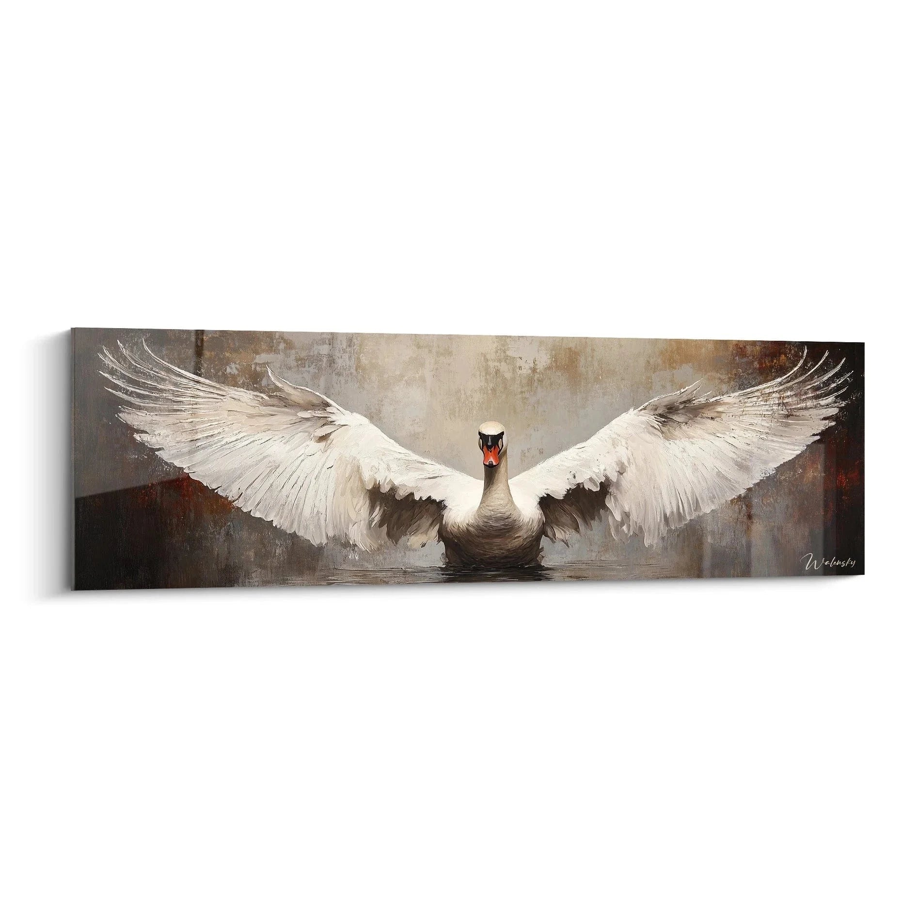 Wandbild Schwan mit ausgebreiteten weißen Flügeln vor abstraktem Hintergrund in Erdtönen - Edition Schwan