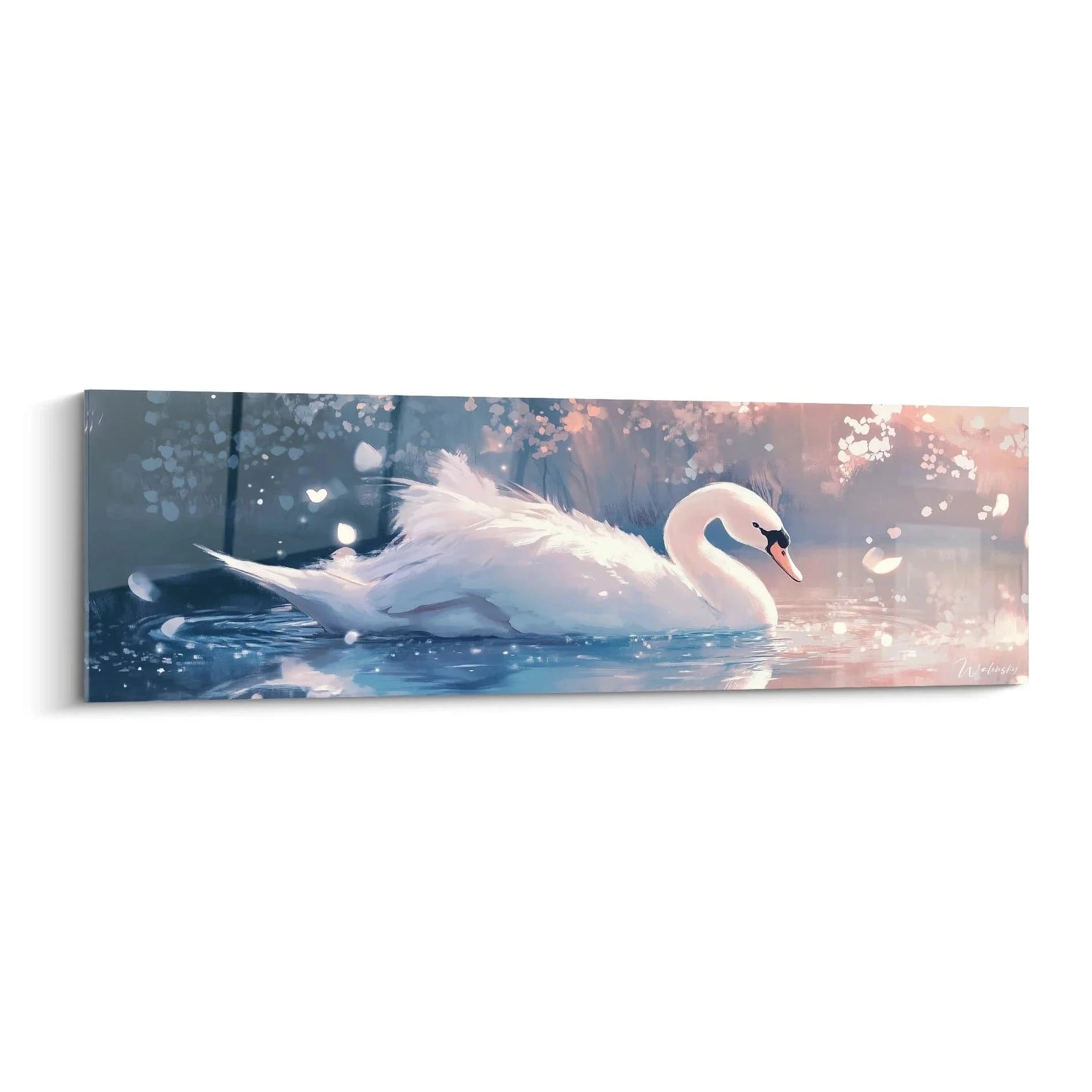 Wandbild Schwan XXL in traumhafter Lichtstimmung mit rosa-blauen Pastelltönen und Bokeh-Effekt