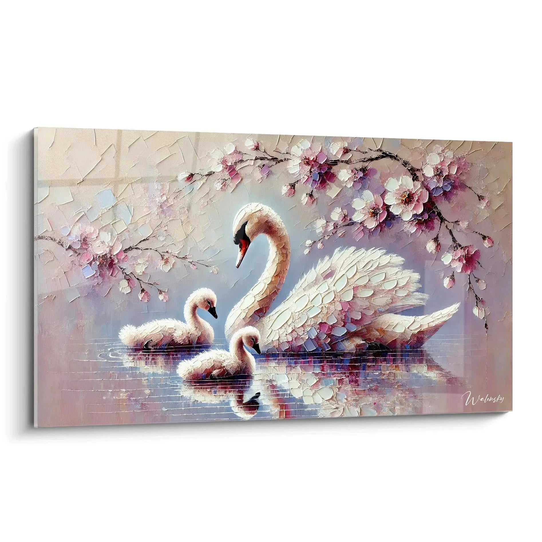 Wandbild Schwanenfamilie mit Kirschblüten - Elegante Leinwand XXL für Wohnzimmer - Edition Schwan