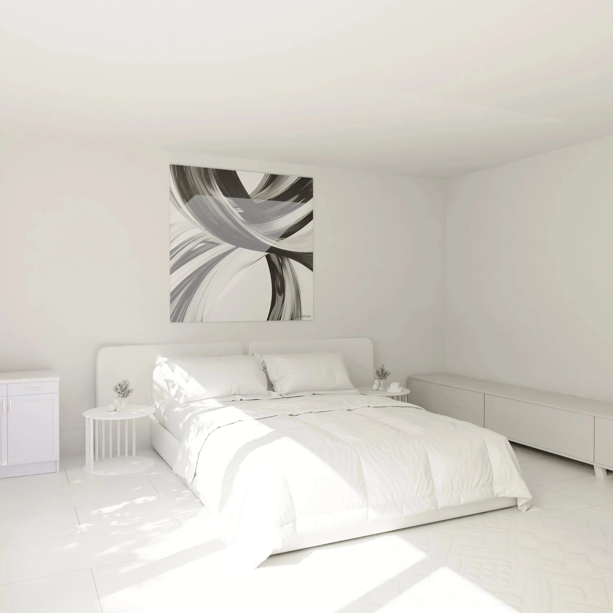 Elegantes schwarz-weißes Wandbild mit abstrakten Streifen in stilvoller Schlafzimmer Atmosphäre