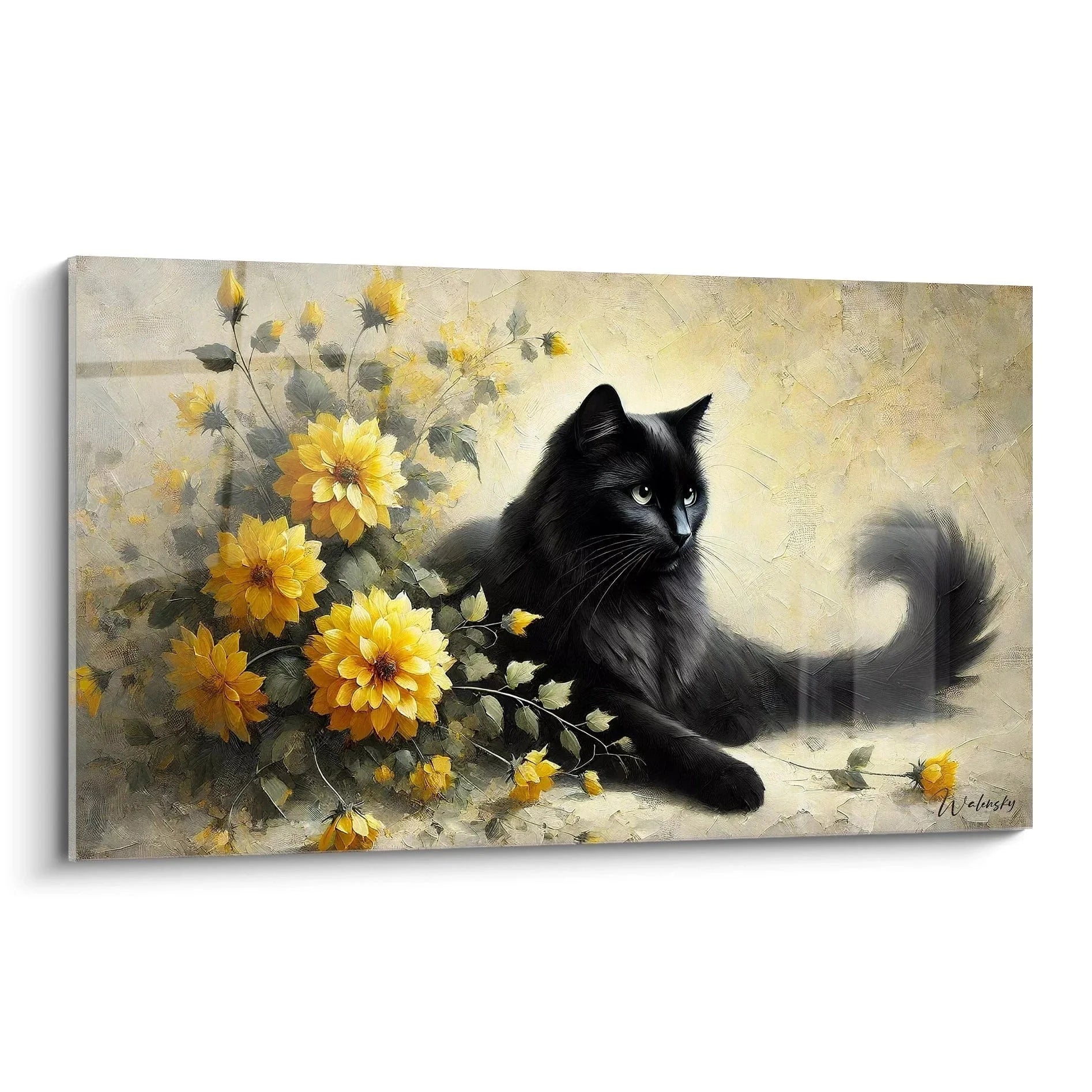 Wandbild schwarze Katze zwischen gelben Dahlienblüten im Vintage-Stil Edition Katze Kunstdruck